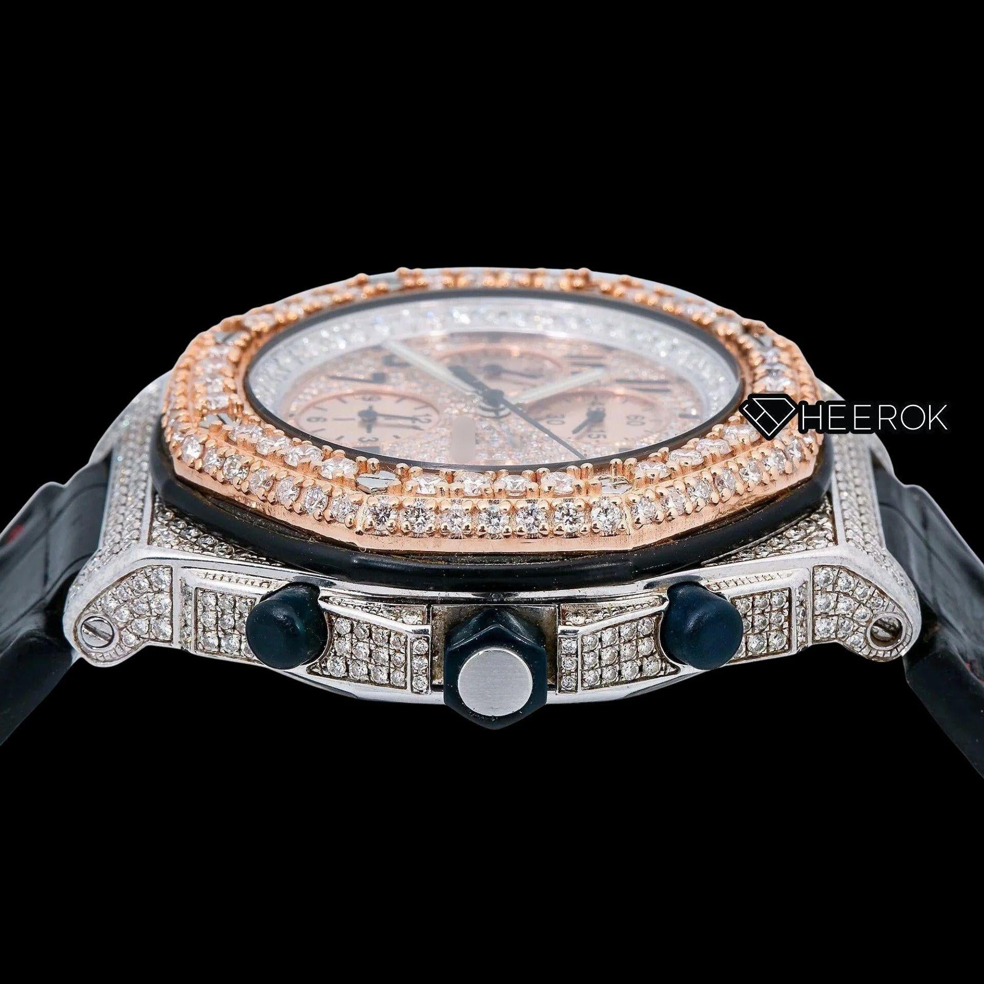 AP Royal Oak Offshore Chronograph Pave Diamond Dial Black Standard Numerals Rose Gold Diamond Bezel Black Leather Strap Semi Iced Out Moissanite Watch