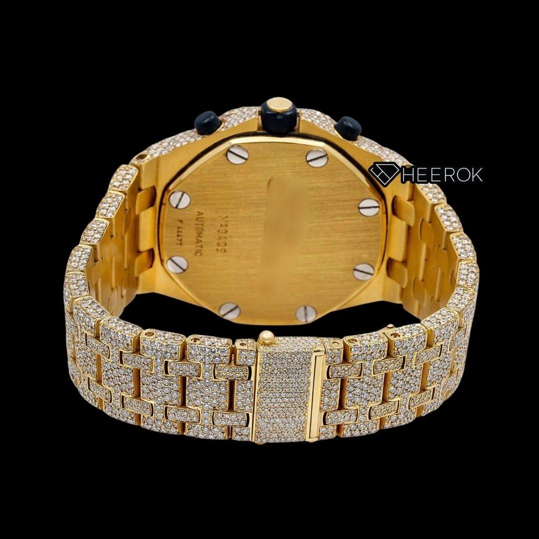 AP Royal Oak Offshore Chronograph Pave Diamond Dial Black Standard Numerals Yellow Gold Diamond Bezel Fully Iced Out Yellow Gold Moissanite Watch