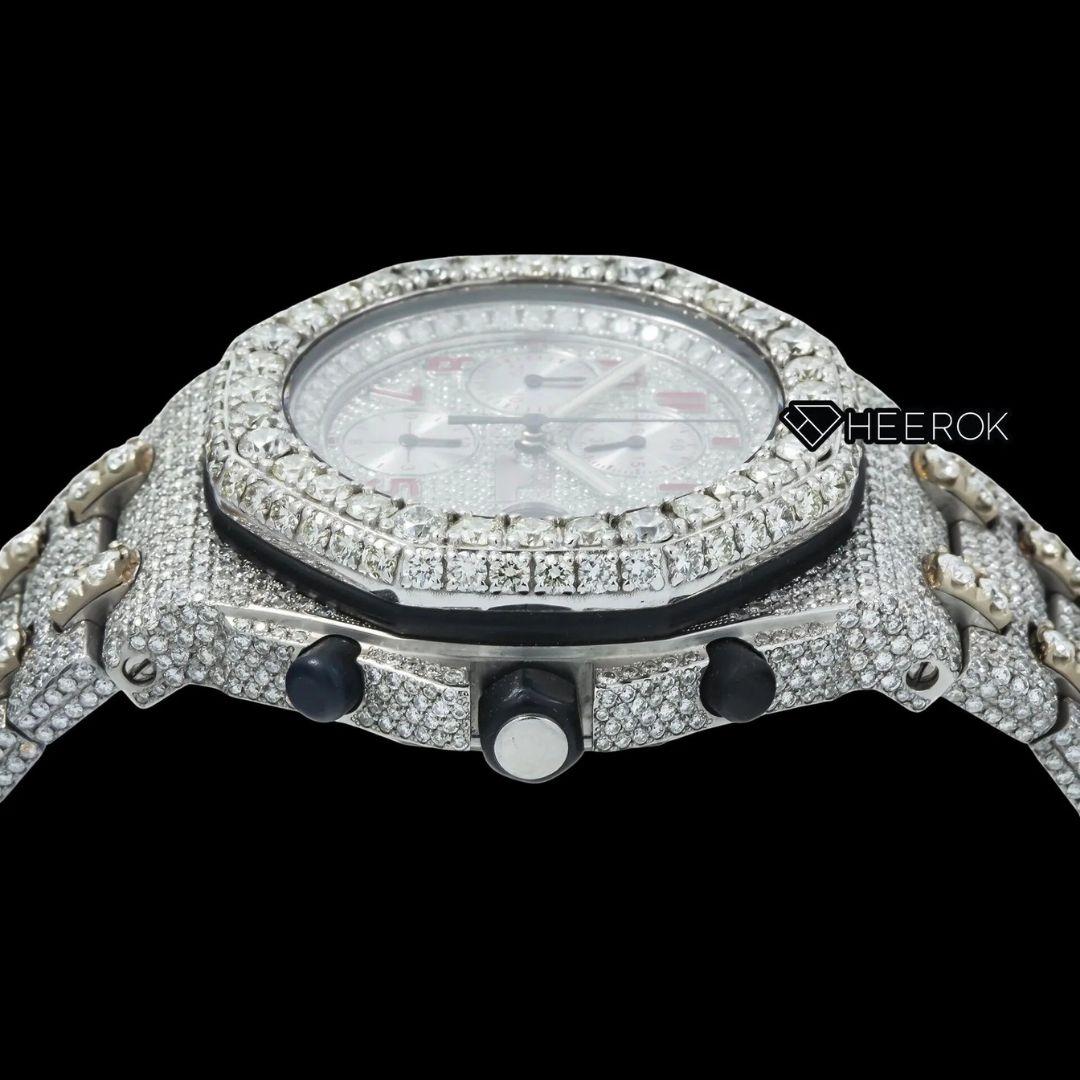 AP Royal Oak Offshore Chronograph Pave Diamond Dial Red Standard Numerals Large Round Diamond Bezel Fully Iced Out Moissanite Watch