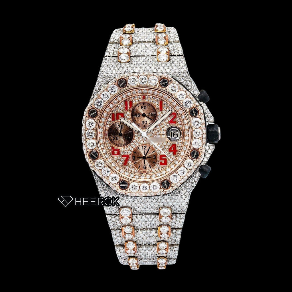 AP Royal Oak Offshore Chronograph Rose Gold Dial Red Standard Numerals Diamond Bezel Fully Iced Two Tone Rose Gold Moissanite Diamond Watch