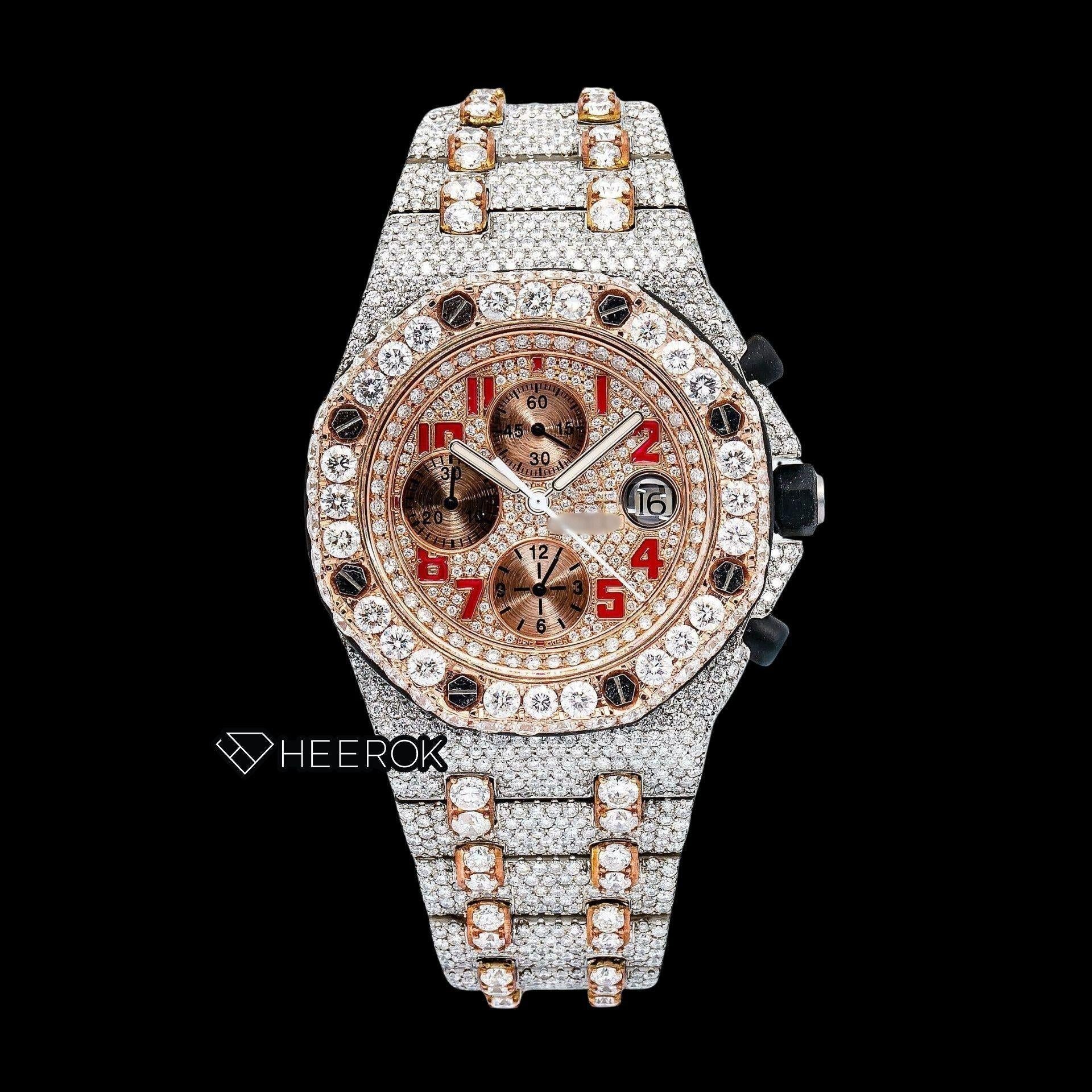 AP Royal Oak Offshore Chronograph Rose Gold Dial Red Standard Numerals Diamond Bezel Fully Iced Two Tone Rose Gold Moissanite Diamond Watch