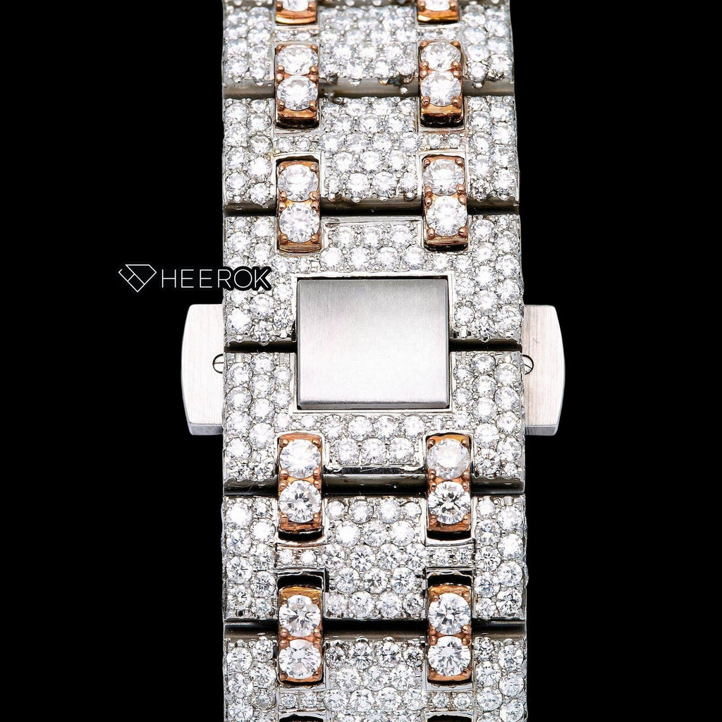 AP Royal Oak Offshore Chronograph Rose Gold Dial Red Standard Numerals Diamond Bezel Fully Iced Two Tone Rose Gold Moissanite Diamond Watch