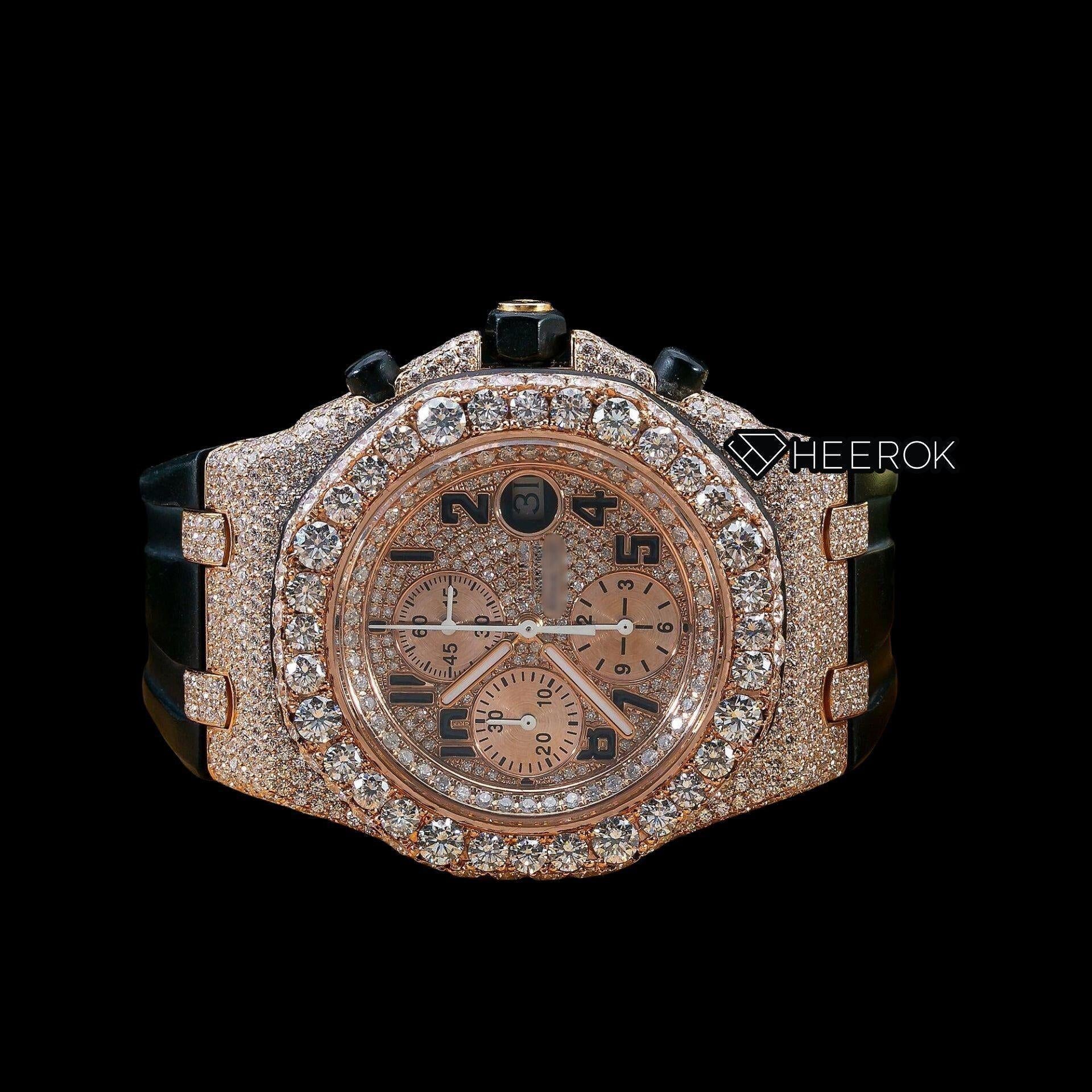 AP Royal Oak Offshore Chronograph  Rose Gold Dial Standard Numerals Diamond Bezel Black Rubber Strap Semi Iced Moissanite Diamond Watch