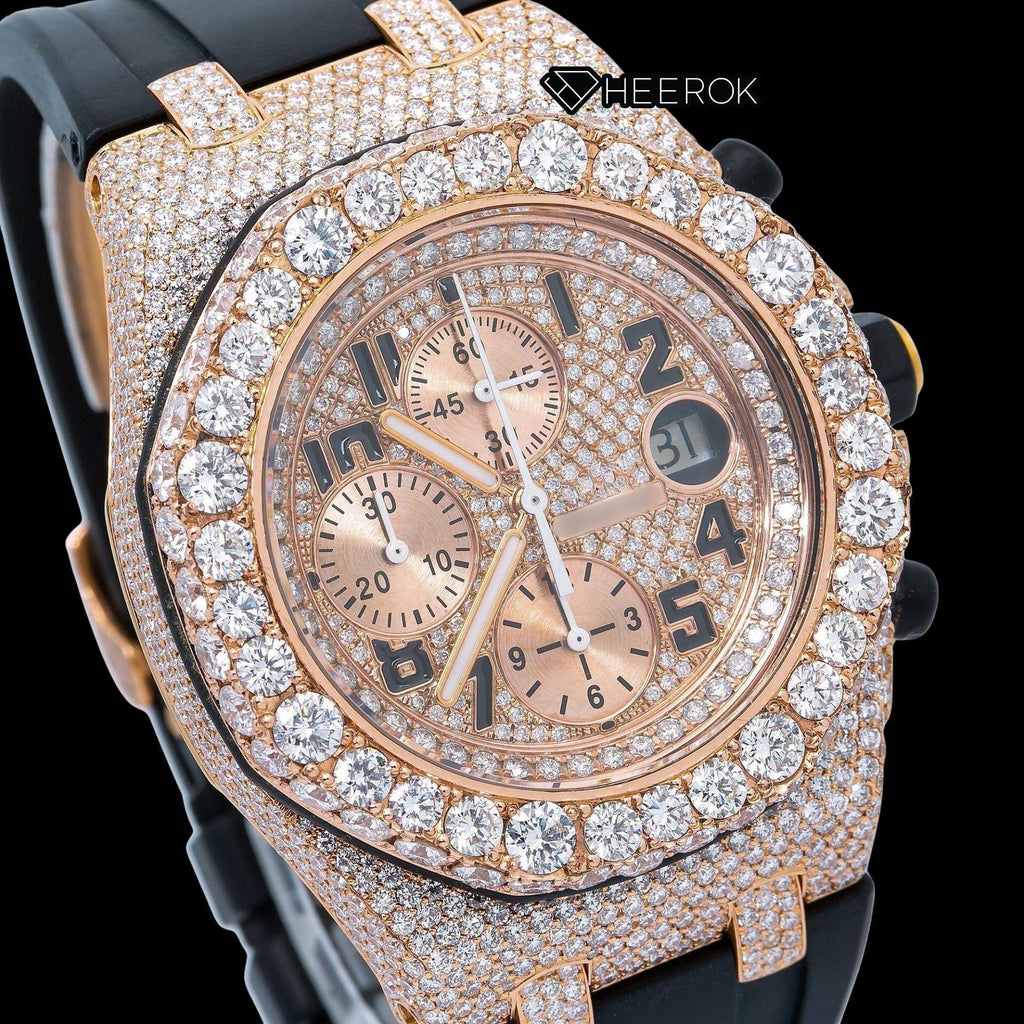AP Royal Oak Offshore Chronograph  Rose Gold Dial Standard Numerals Diamond Bezel Black Rubber Strap Semi Iced Moissanite Diamond Watch