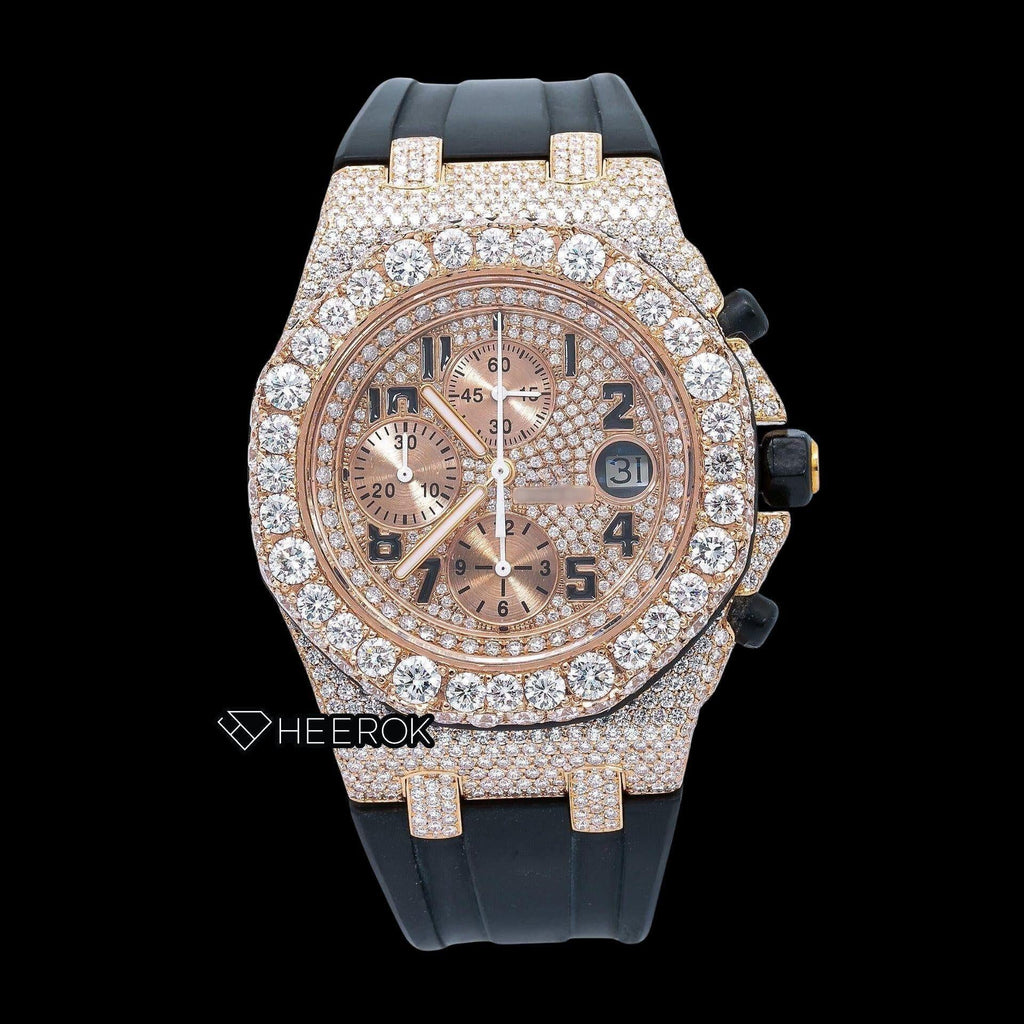 AP Royal Oak Offshore Chronograph  Rose Gold Dial Standard Numerals Diamond Bezel Black Rubber Strap Semi Iced Moissanite Diamond Watch