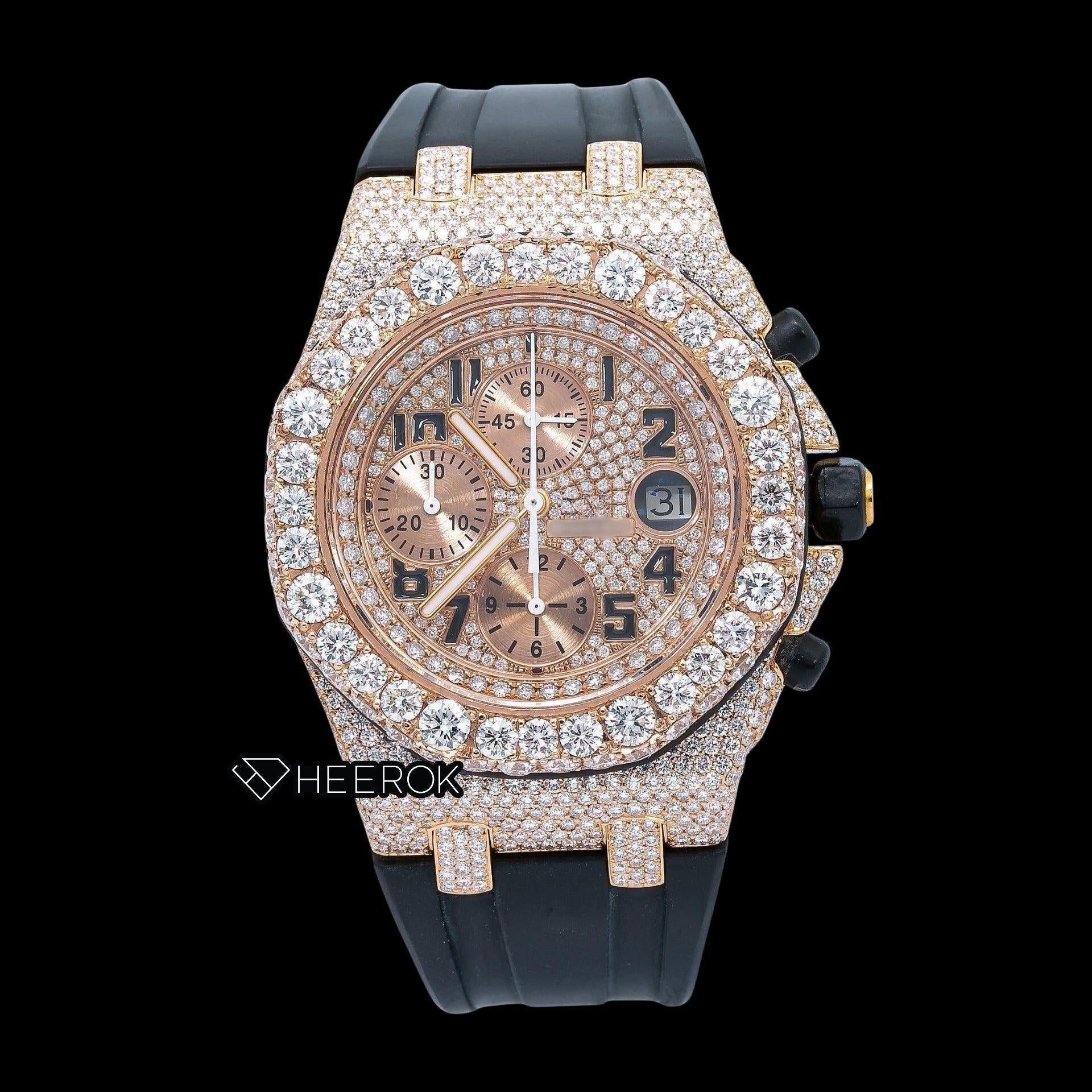 AP Royal Oak Offshore Chronograph  Rose Gold Dial Standard Numerals Diamond Bezel Black Rubber Strap Semi Iced Moissanite Diamond Watch