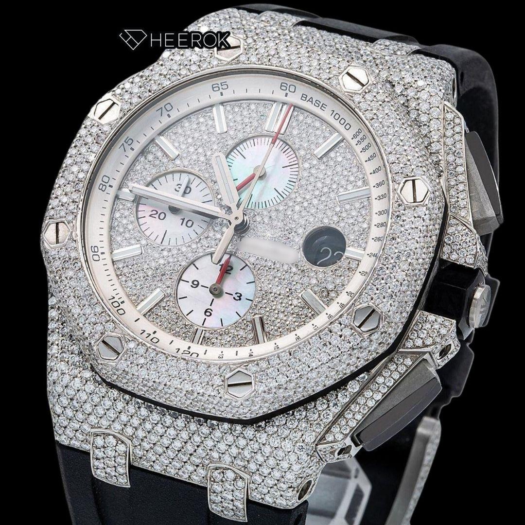 AP Royal Oak Offshore Chronograph Stick Markers Pave Diamond Dial Diamond Bezel Black Rubber Strap Semi Iced Out Moissanite Watch