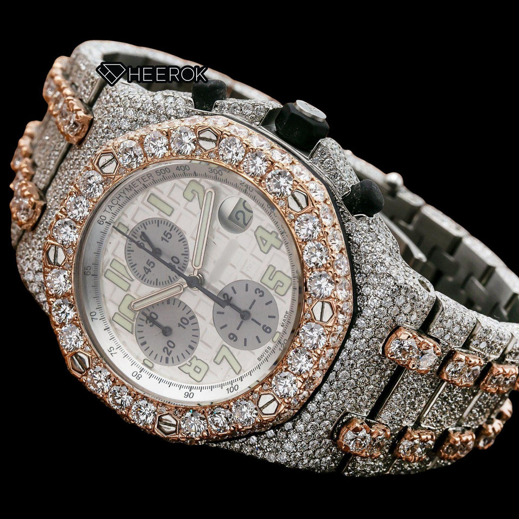 AP Royal Oak Offshore Chronograph White Dial Standard Numerals Large Round Diamond Bezel Rose Gold Two Tone Fully Iced Out Moissanite Watch
