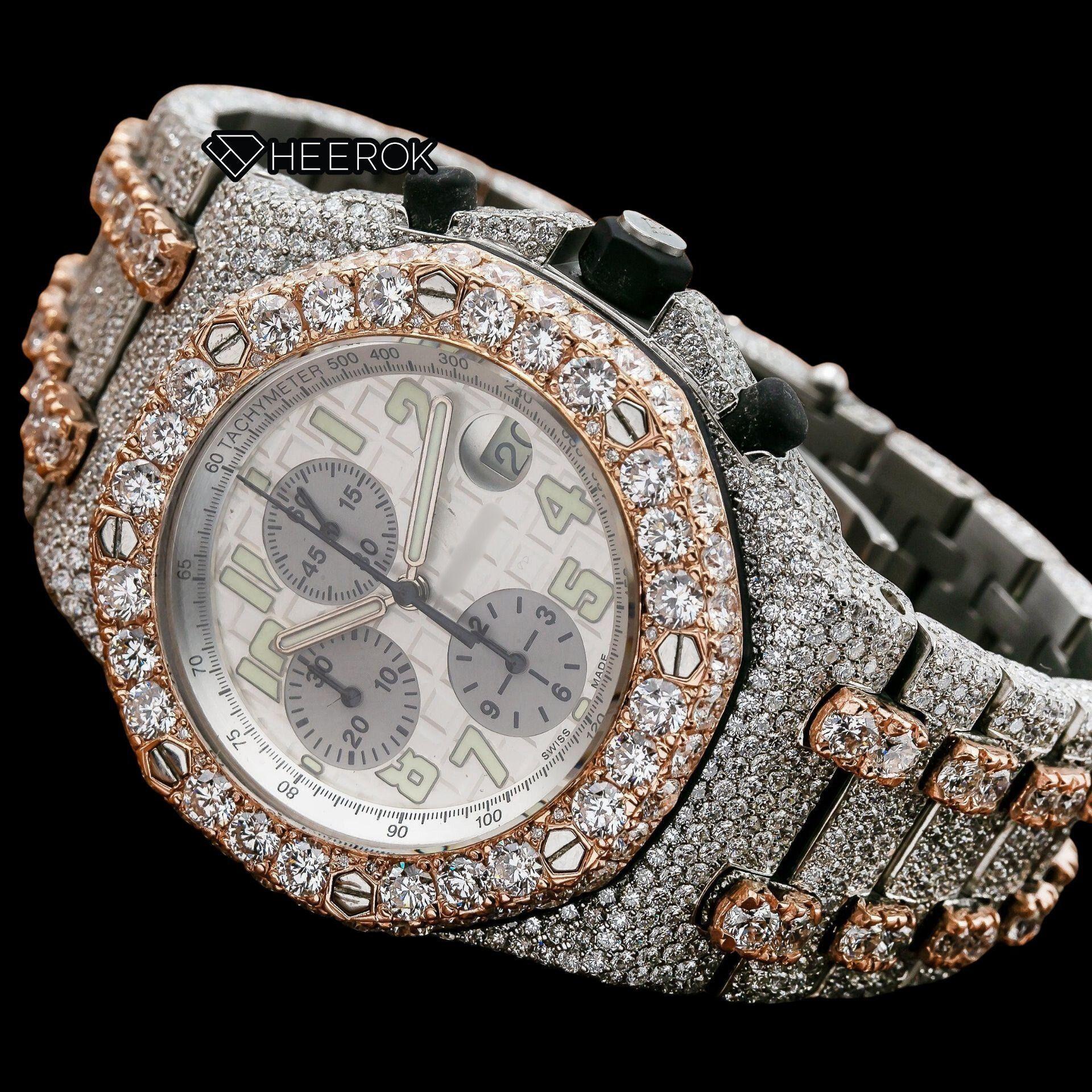 AP Royal Oak Offshore Chronograph White Dial Standard Numerals Large Round Diamond Bezel Rose Gold Two Tone Fully Iced Out Moissanite Watch