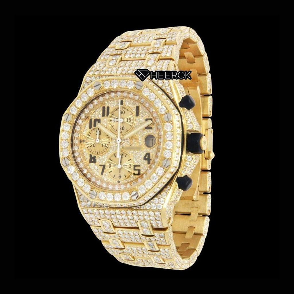 AP Royal Oak Offshore Chronograph Yellow Diamond Dial Standard Numerals Large Round Diamond Yellow Gold Bezel Fully Iced Out Moissanite Watch