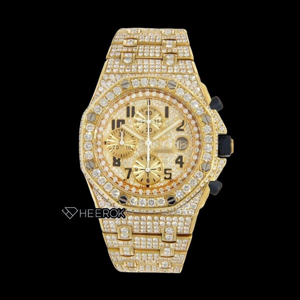 AP Royal Oak Offshore Chronograph Yellow Diamond Dial Standard Numerals Large Round Diamond Yellow Gold Bezel Fully Iced Out Moissanite Watch