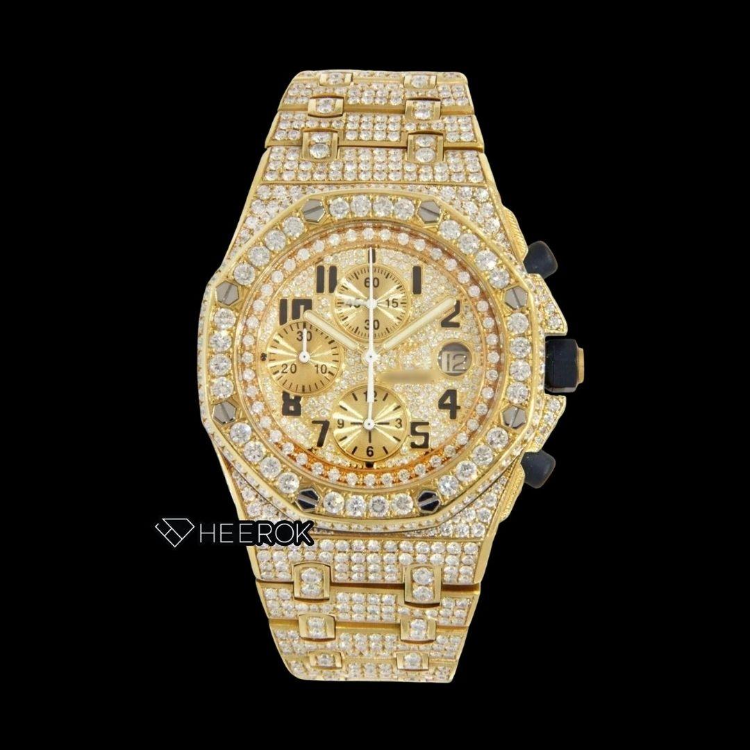 AP Royal Oak Offshore Chronograph Yellow Diamond Dial Standard Numerals Large Round Diamond Yellow Gold Bezel Fully Iced Out Moissanite Watch