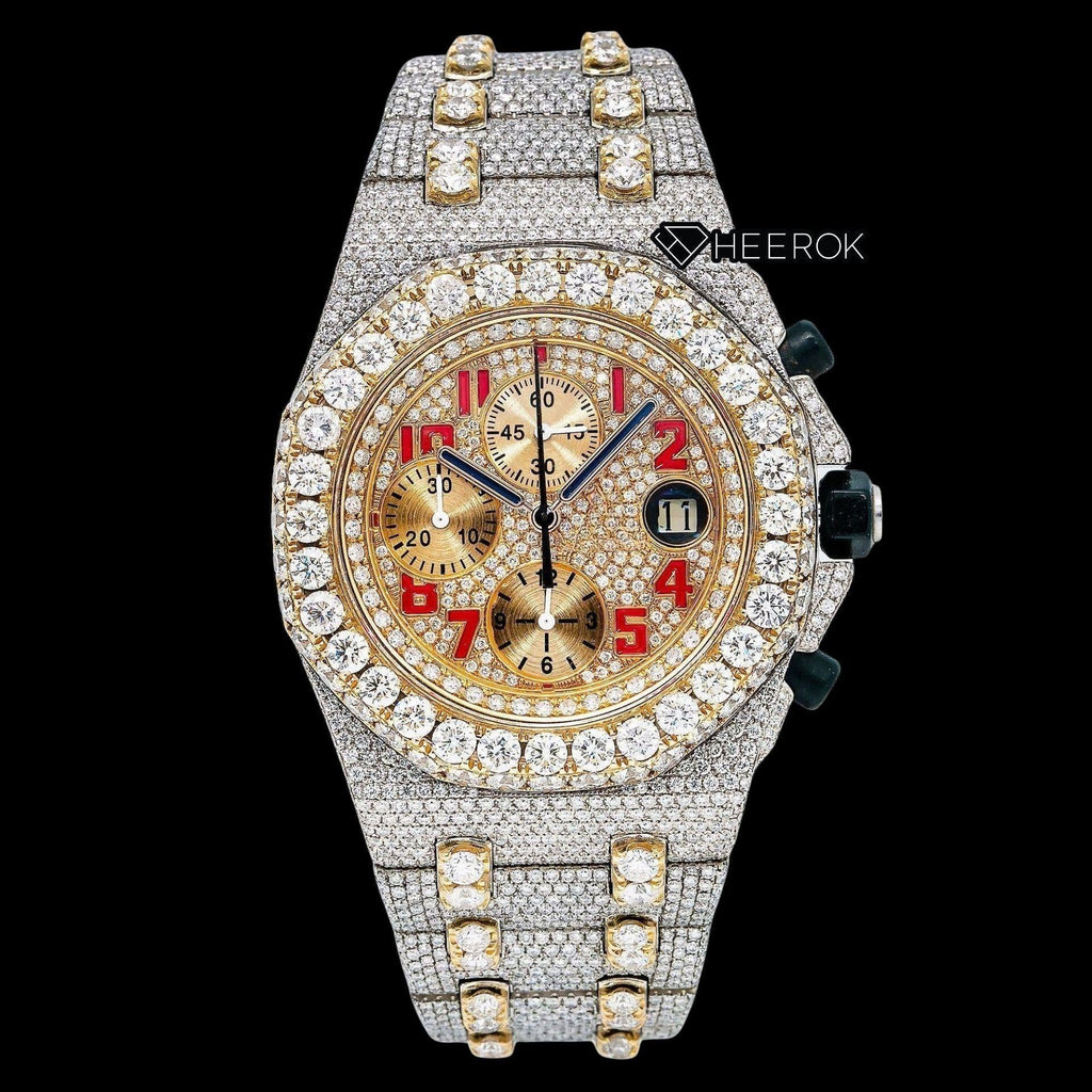 AP Royal Oak Offshore Chronograph Yellow Gold Dial Red Standard Numerals Large Round Diamond Bezel Two Tone Yellow Gold Fully Iced Moissanite Diamond Watch