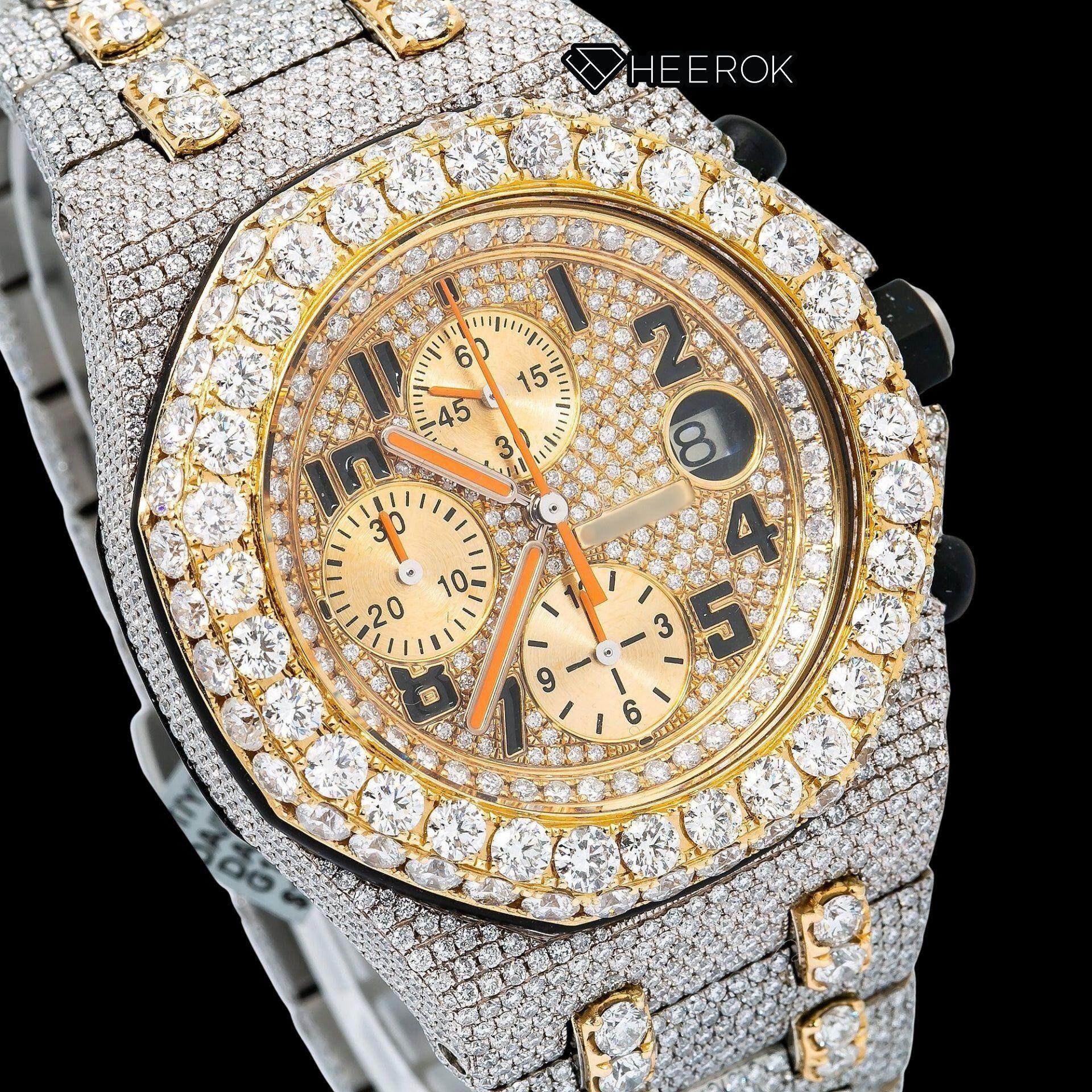 AP Royal Oak Offshore Chronograph Yellow Gold Dial Standard Numerals Large Round Diamond Bezel Two Tone Yellow Gold Moissanite Diamond Watch