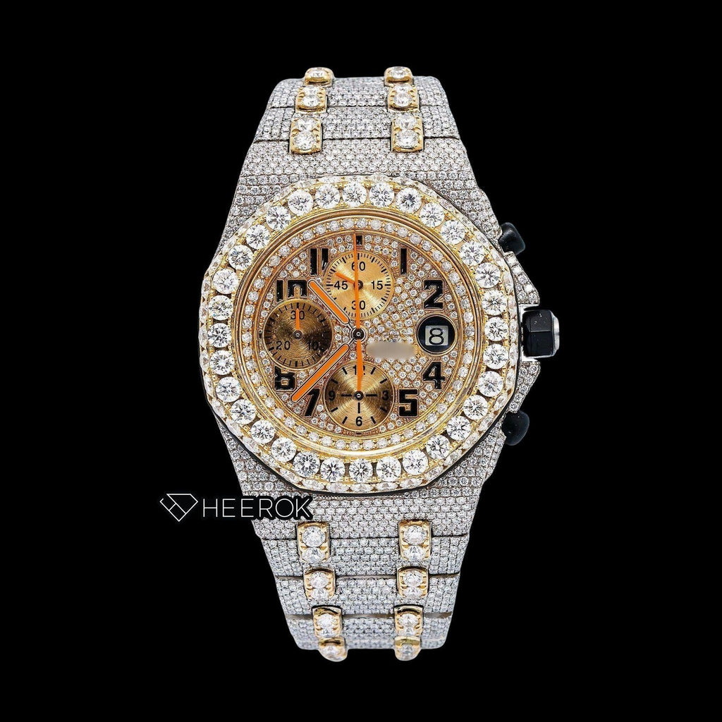AP Royal Oak Offshore Chronograph Yellow Gold Dial Standard Numerals Large Round Diamond Bezel Two Tone Yellow Gold Moissanite Diamond Watch