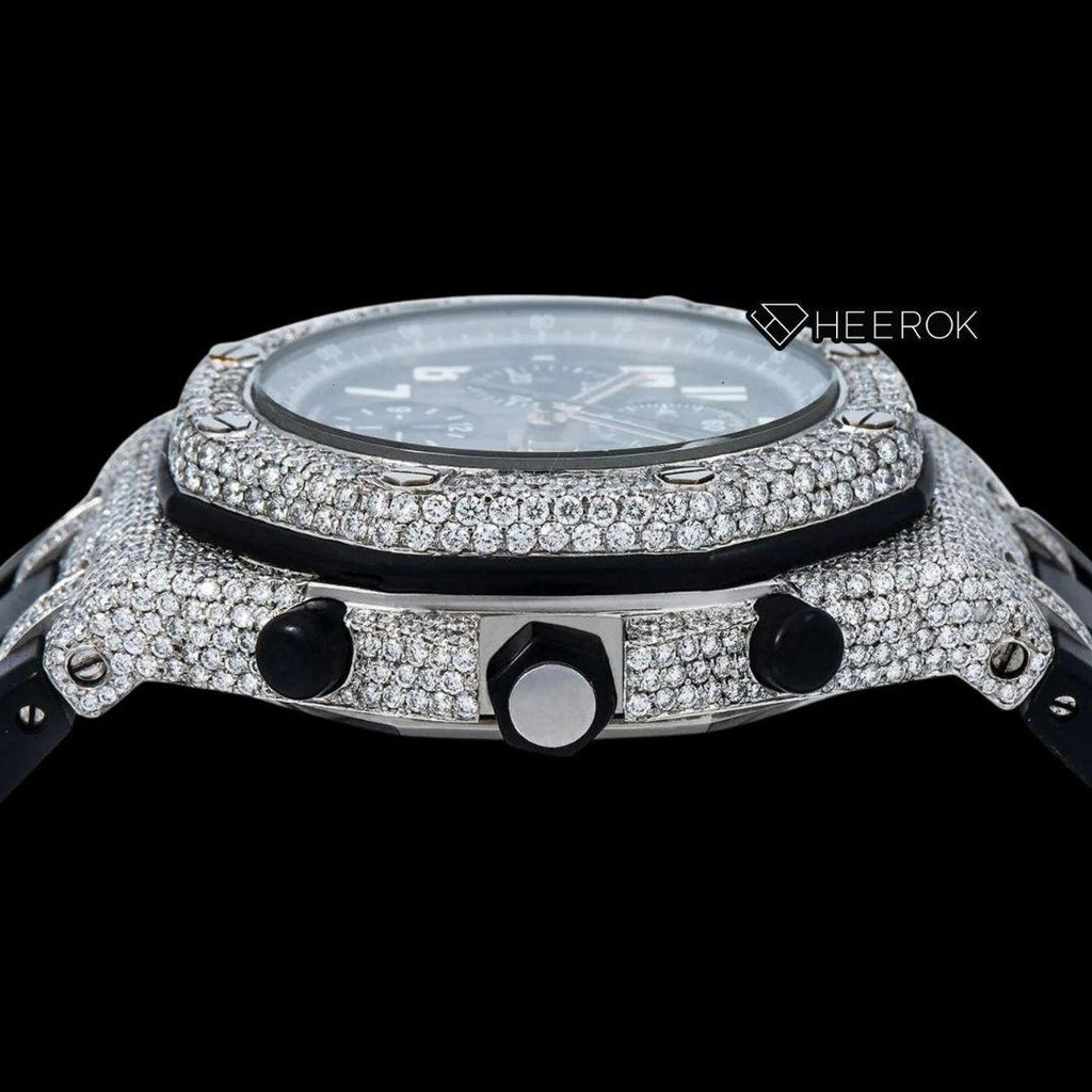 AP Royal Oak Offshore Standard Numerals Chronograph Black Dial Diamond Bezel Black Rubber Strap Semi Iced Out Moissanite Watch