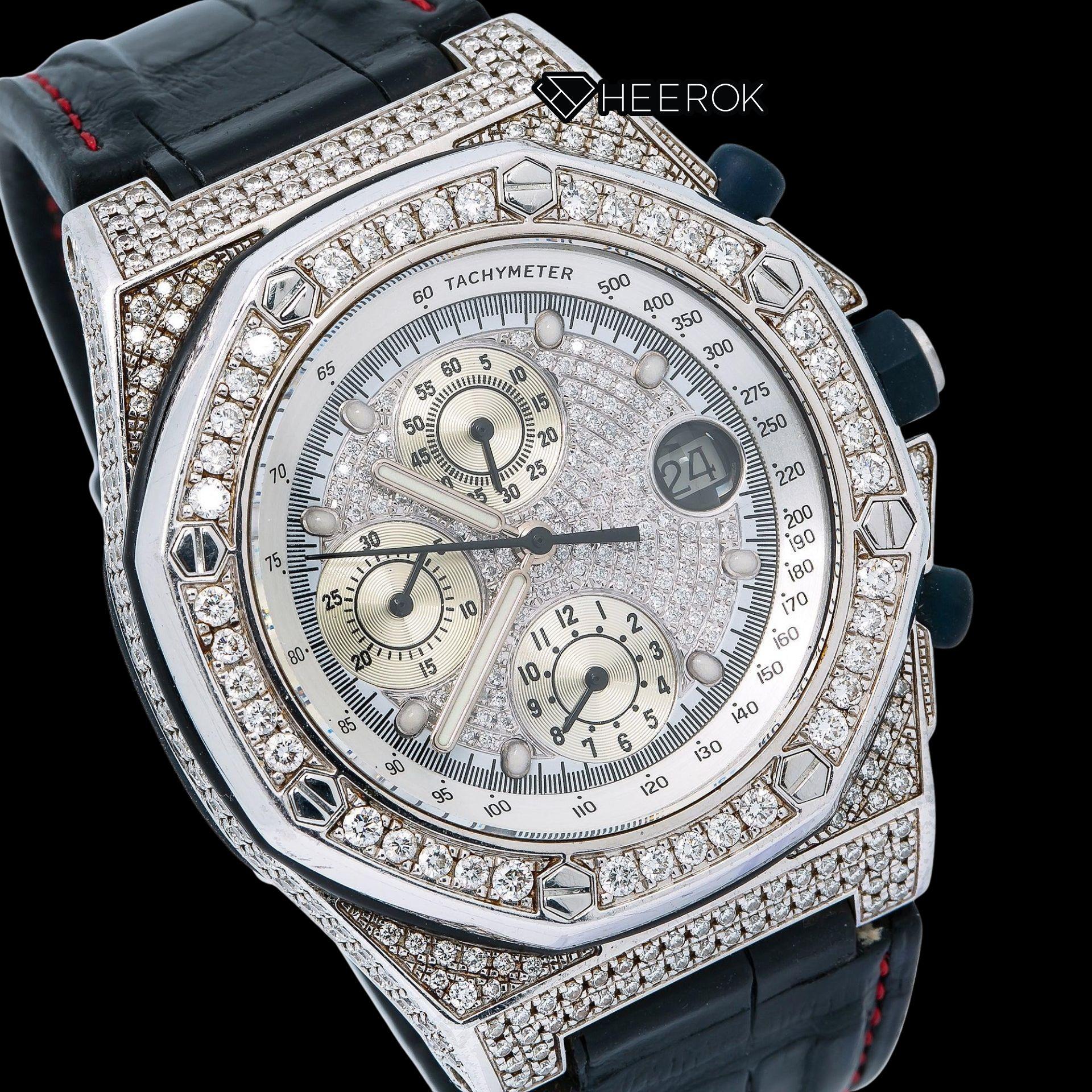 AP Royal Oak Offshore White Dial Diamond Markers Diamond Bezel Leather Strap Semi Iced Moissanite Diamond Watch