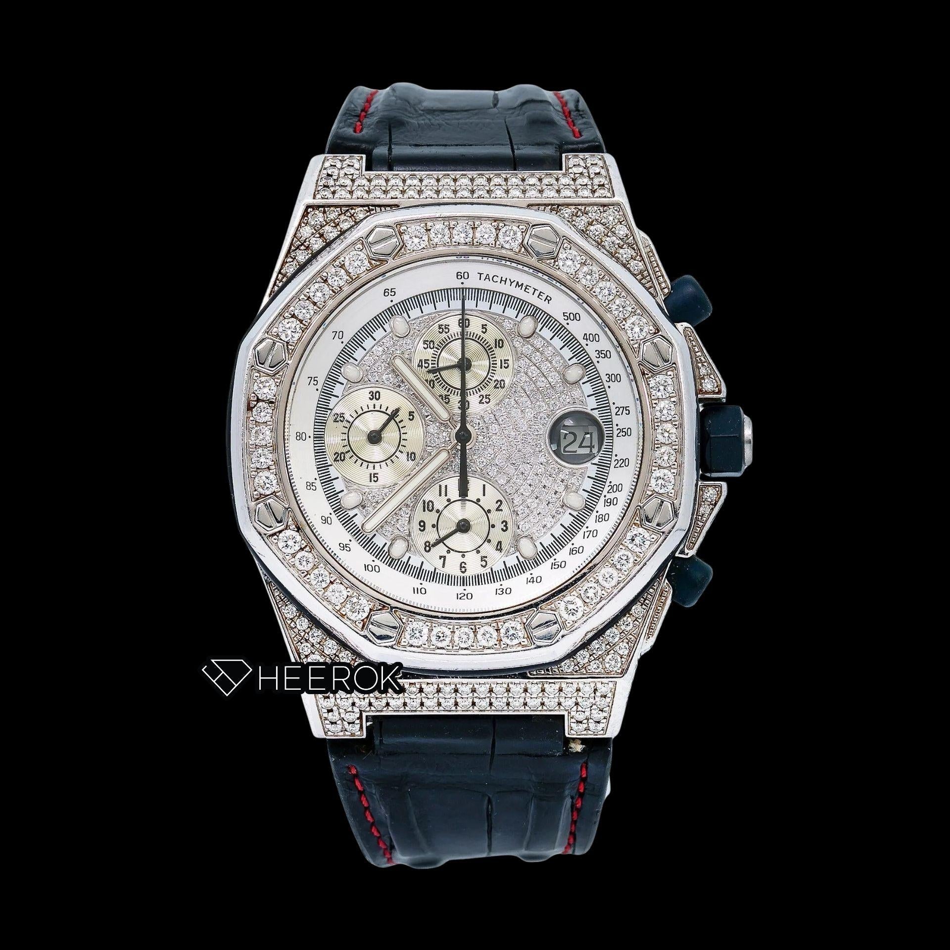 AP Royal Oak Offshore White Dial Diamond Markers Diamond Bezel Leather Strap Semi Iced Moissanite Diamond Watch