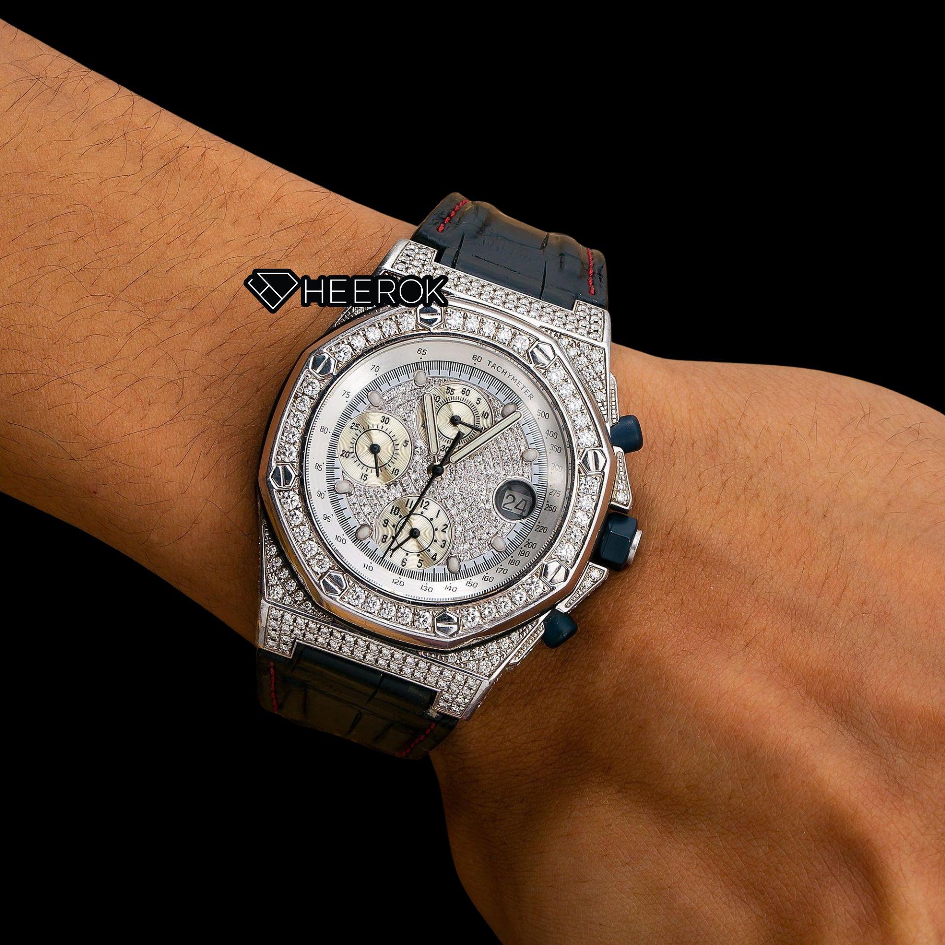 AP Royal Oak Offshore White Dial Diamond Markers Diamond Bezel Leather Strap Semi Iced Moissanite Diamond Watch