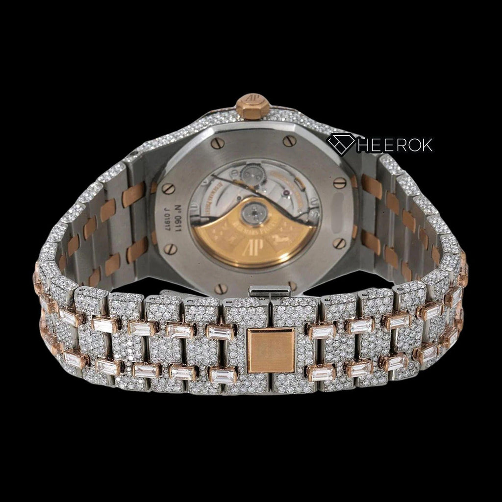 AP Royal Oak Pave Diamond Dial Baguette Diamond Markers Rose Gold Baguette Diamond Bezel Two Tone Fully Iced Out Moissanite Watch