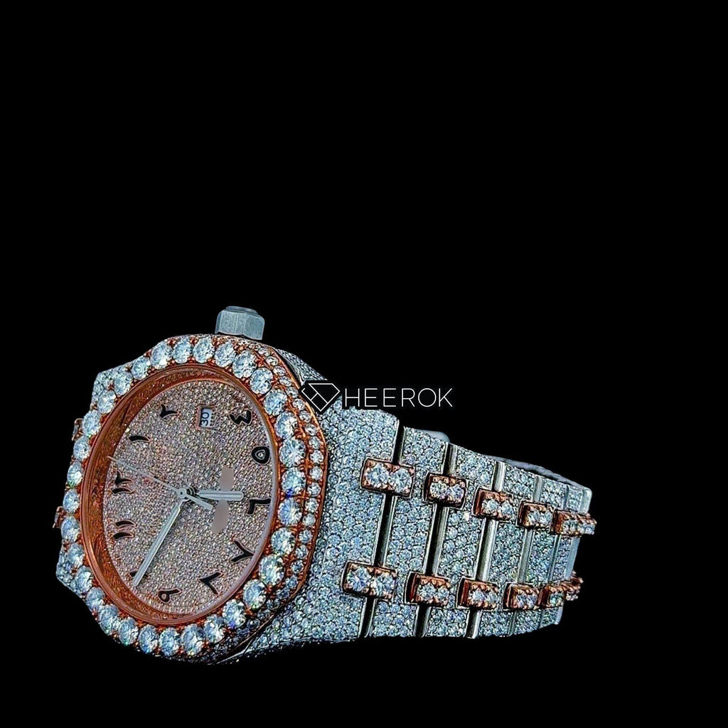 AP Royal Oak Rose Gold Dial Arabic Numerals Diamond Bezel Two Tone Rose Gold Moissanite Diamond Bracelet For Women