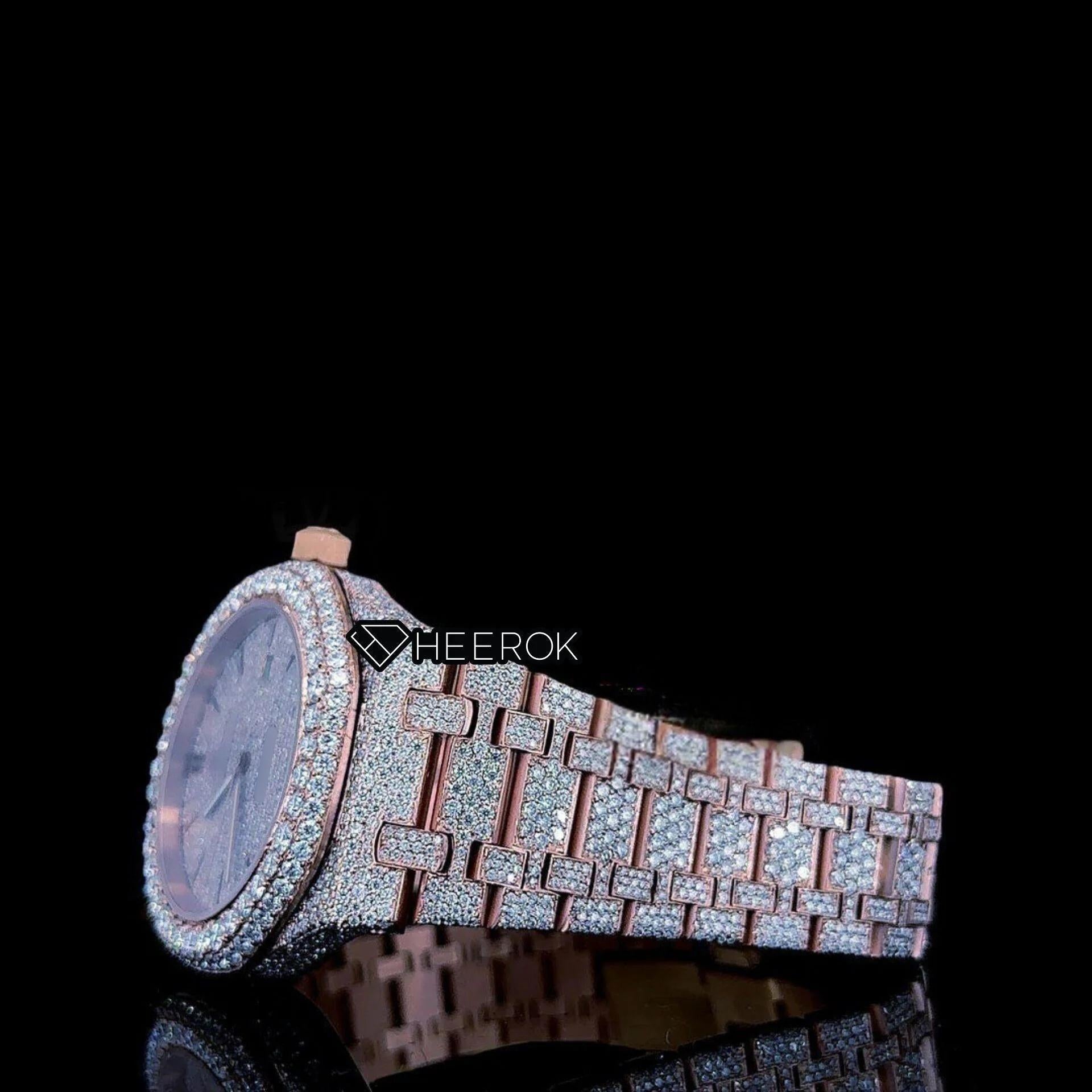 AP Royal Oak Rose Gold Dial Black Stick Markers Diamond Bezel Rose Gold Moissanite Diamond Bracelet