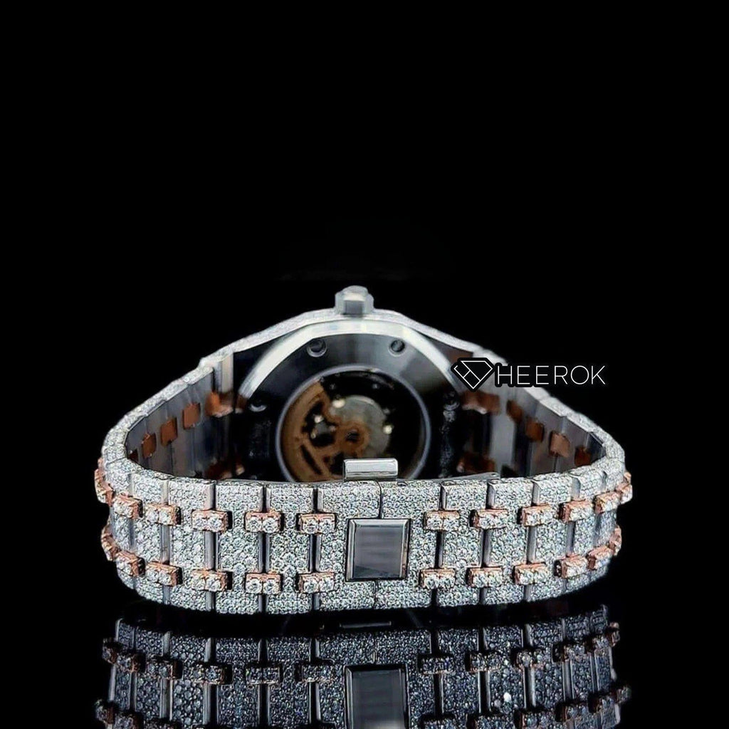 AP Royal Oak Rose Gold Dial Black Stick Markers Diamond Bezel Two Tone Rose Gold Moissanite Diamond Bracelet For Women