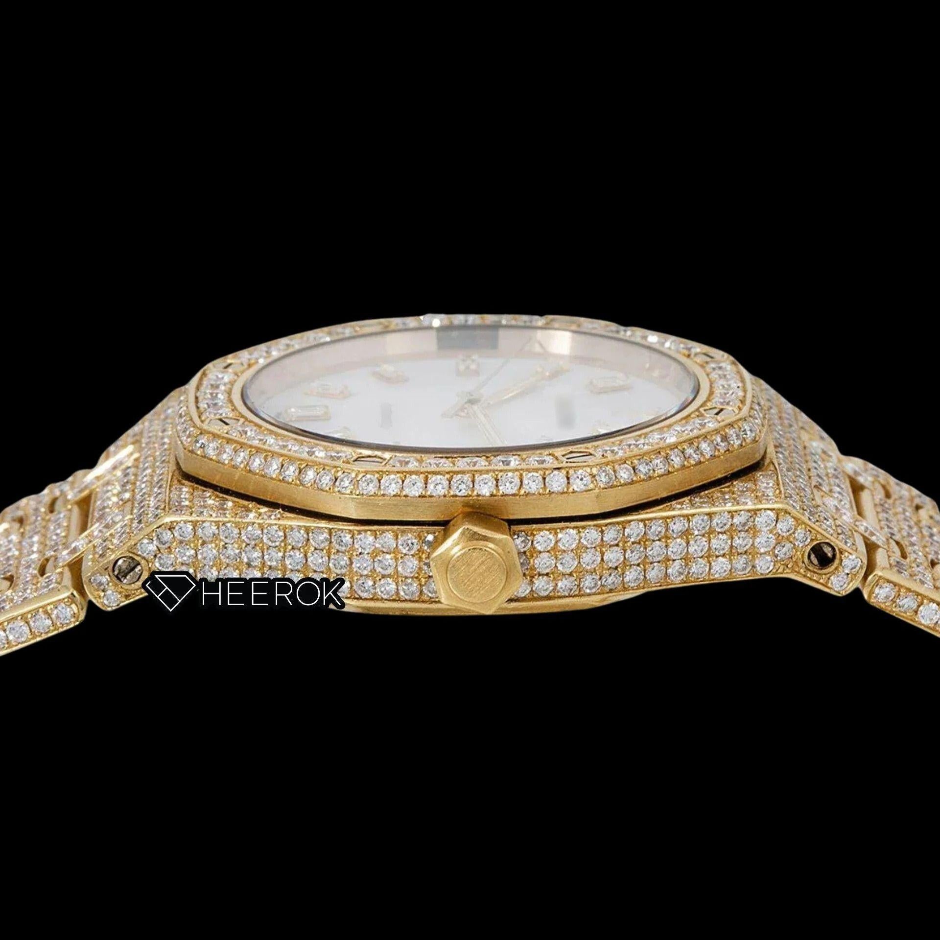 AP Royal Oak White Dial Baguette Diamond Markers Diamond Bezel Fully Iced Yellow Gold Moissanite Watch For Women