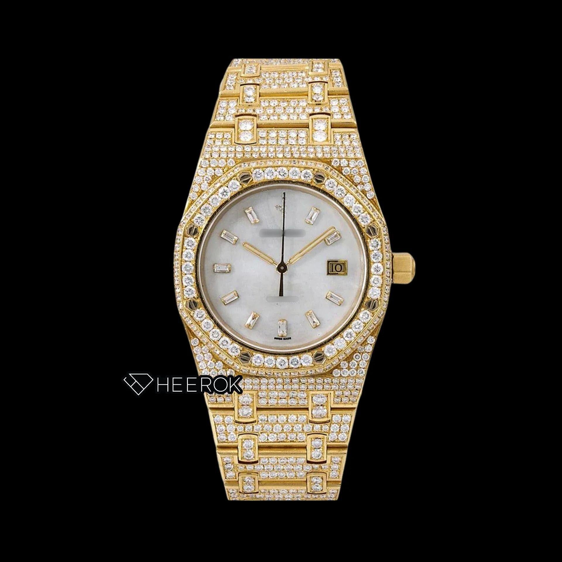 AP Royal Oak White Dial Baguette Diamond Markers Diamond Bezel Fully Iced Yellow Gold Moissanite Watch For Women