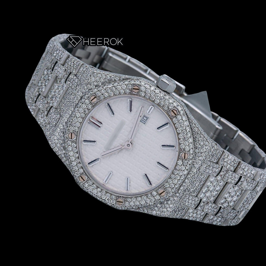 AP Royal Oak White Dial Stick Markers Diamond Bezel Bust Down Moissanite Diamond Watch For Women