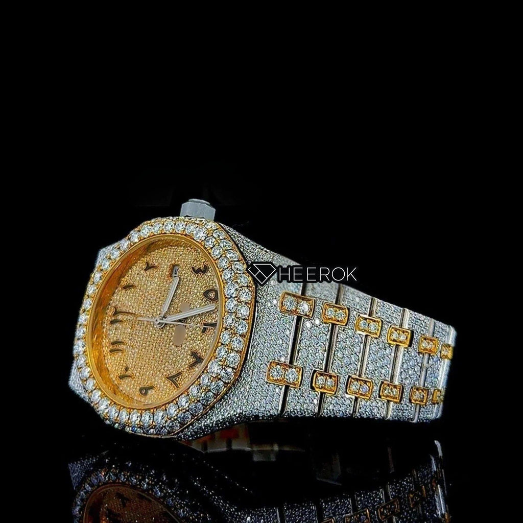 AP Royal Oak Yellow Dial Black Arabic Numerals Diamond Bezel Two Tone Yellow Gold Moissanite Diamond