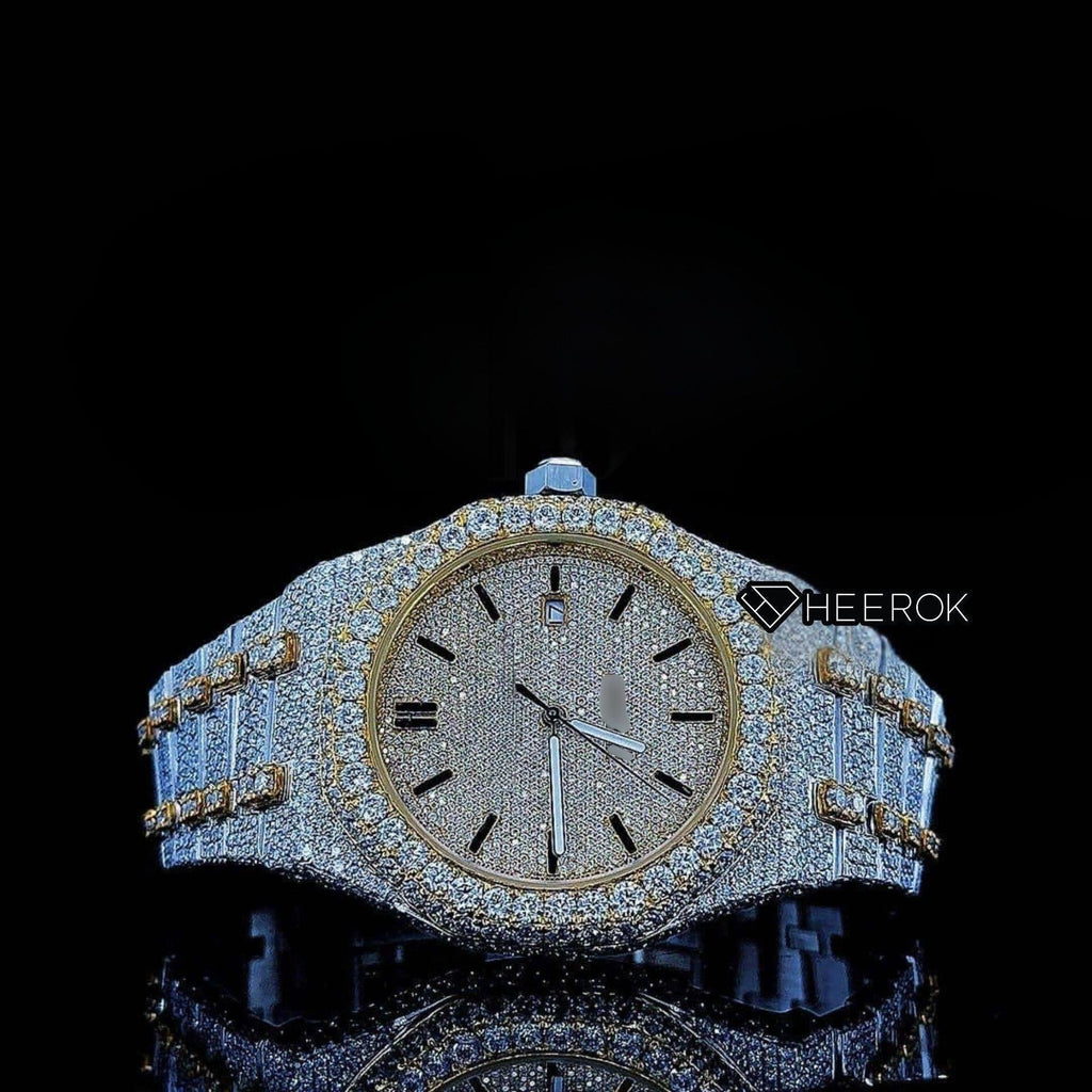 AP Royal Oak Yellow Dial Black Stick Markers Diamond Bezel Two Tone Yellow Gold Moissanite Diamond For Women
