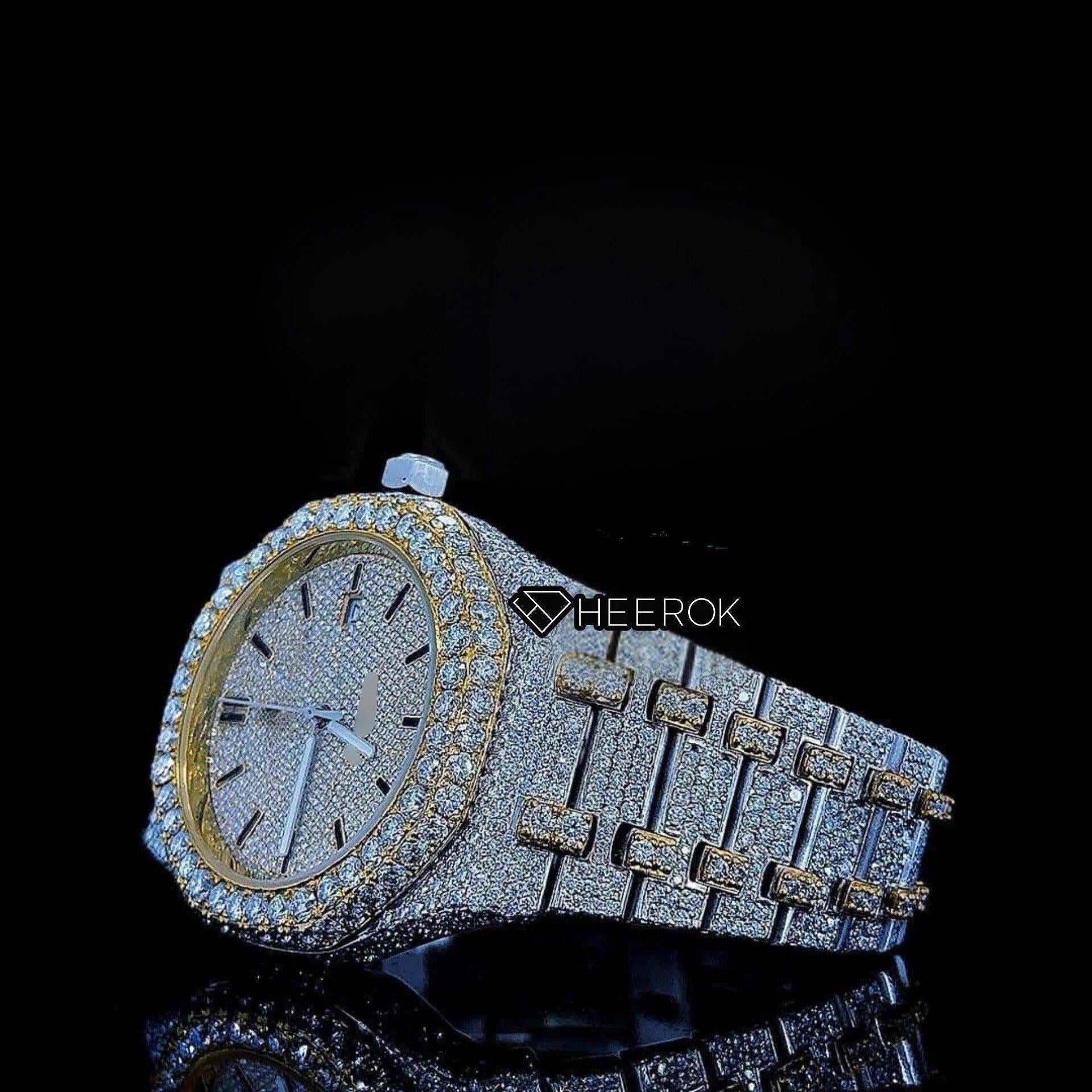 AP Royal Oak Yellow Dial Black Stick Markers Diamond Bezel Two Tone Yellow Gold Moissanite Diamond For Women