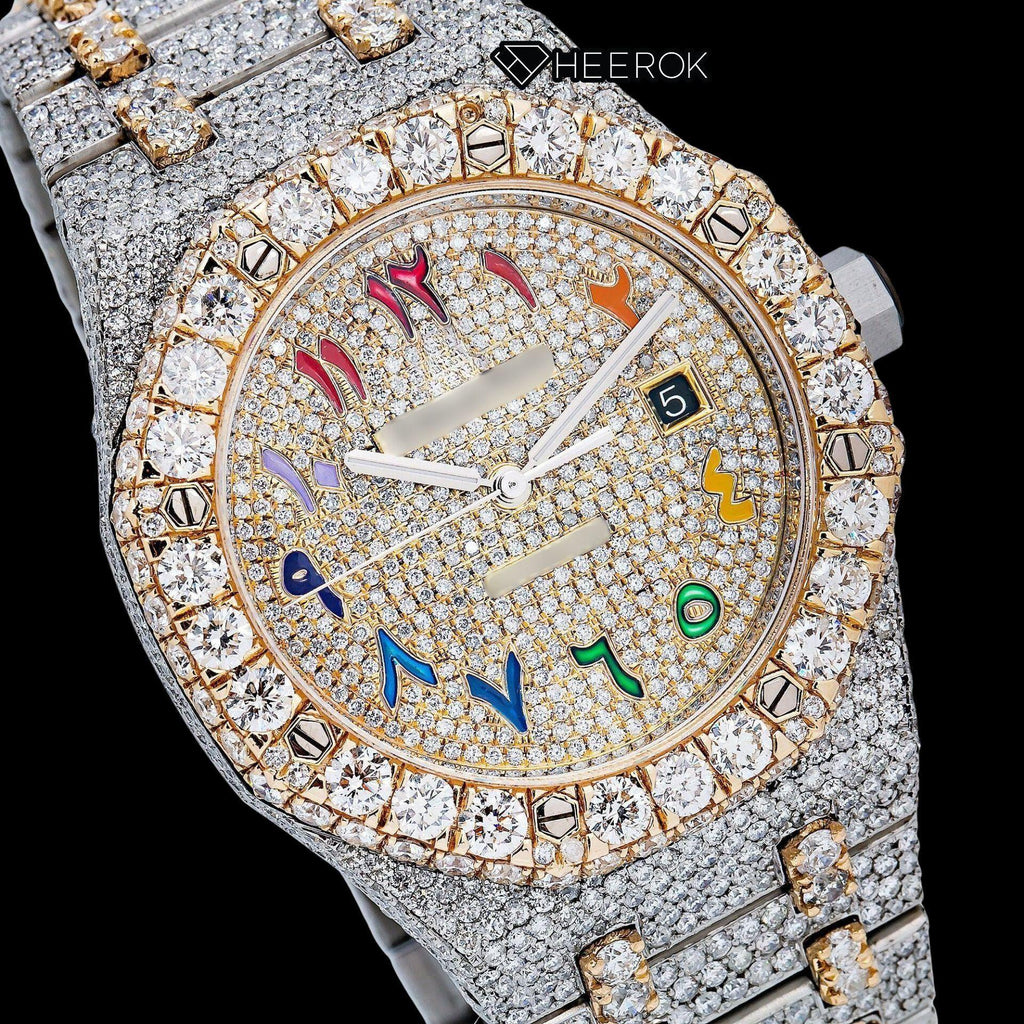 AP Royal Oak Yellow Gold Dial Multicolor Arabic Numerals Large Round Diamond Bezel Two Tone Yellow Gold Moissanite Diamond Watch