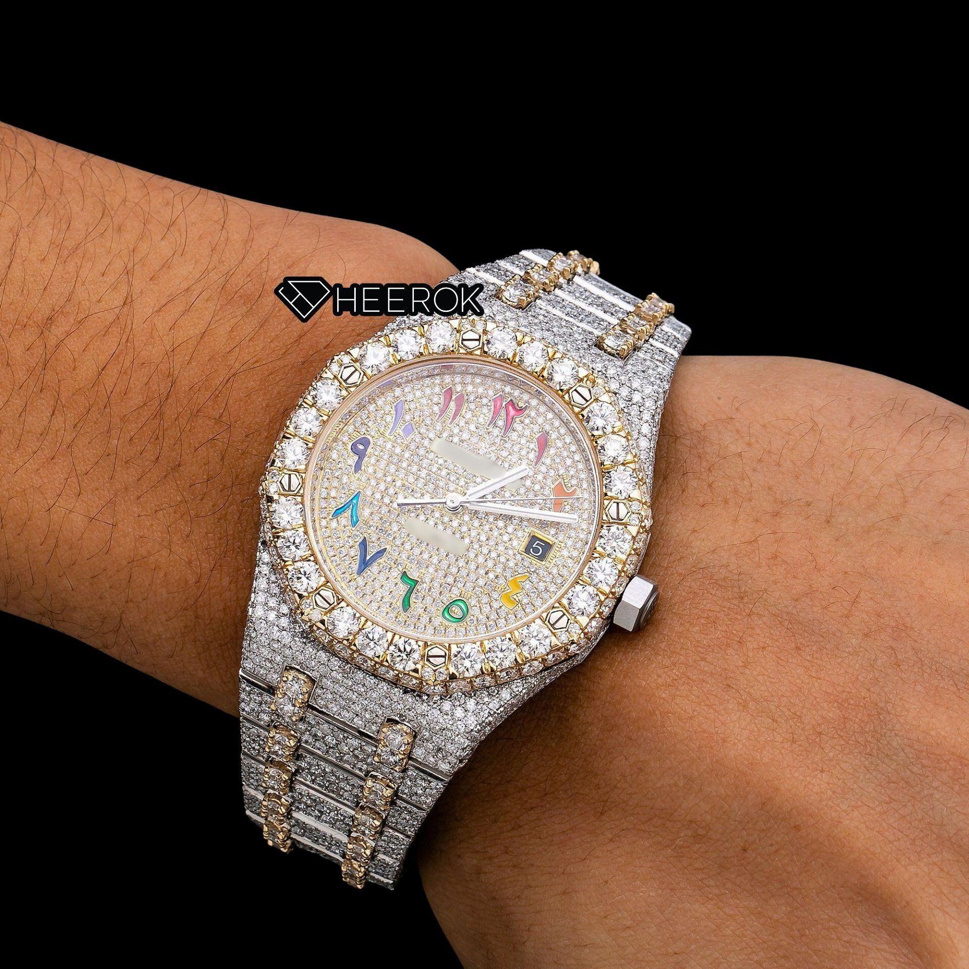 AP Royal Oak Yellow Gold Dial Multicolor Arabic Numerals Large Round Diamond Bezel Two Tone Yellow Gold Moissanite Diamond Watch
