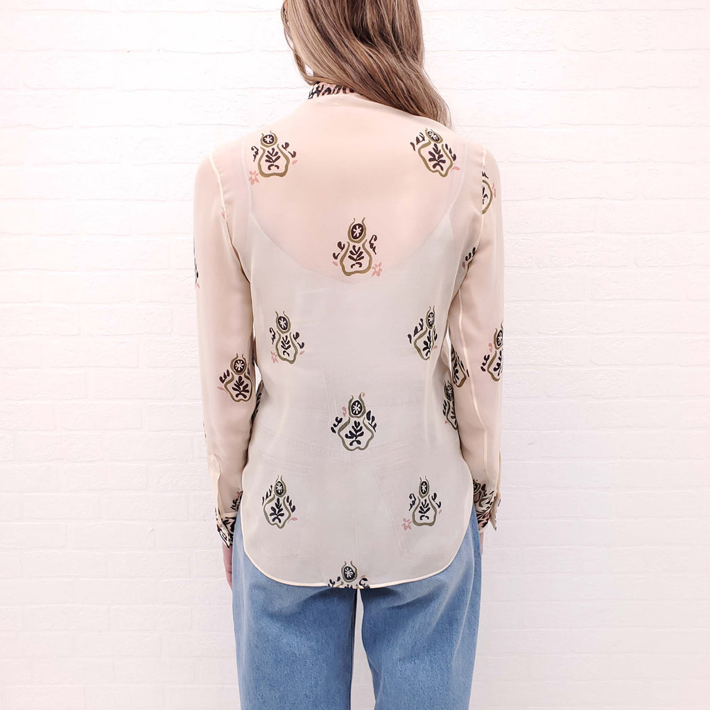 CHRISTIAN DIOR SILK EMBROIDERED BLOUSE WITH LOGO - SIZE 4