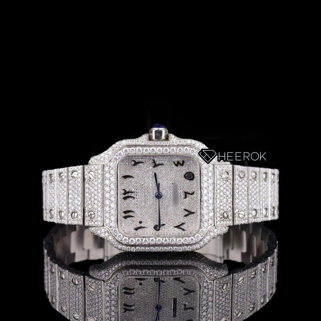 Cartier Santos Black Arabic Numerals White Dial Diamond Bezel Fully Iced Moissanite Diamond For Women