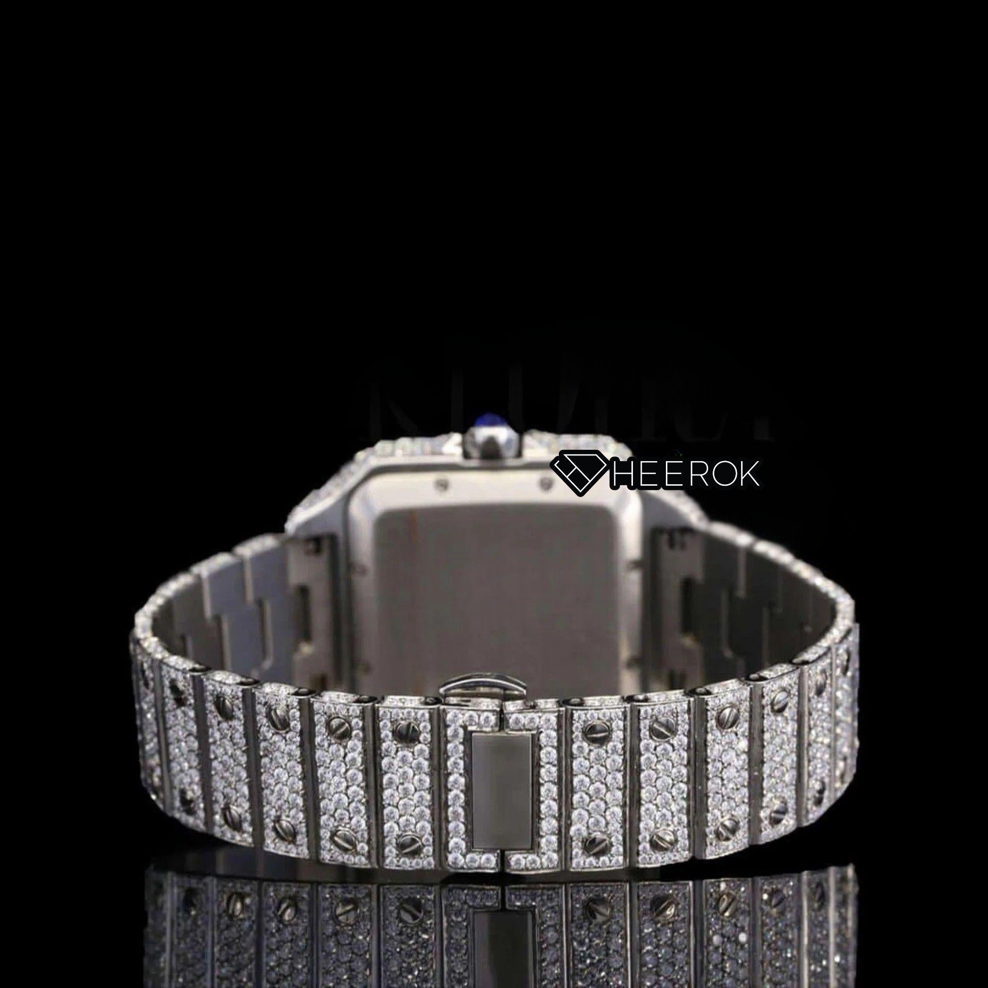 Cartier Santos Black Roman Numerals White Dial Diamond Bezel Fully Iced Moissanite Diamond