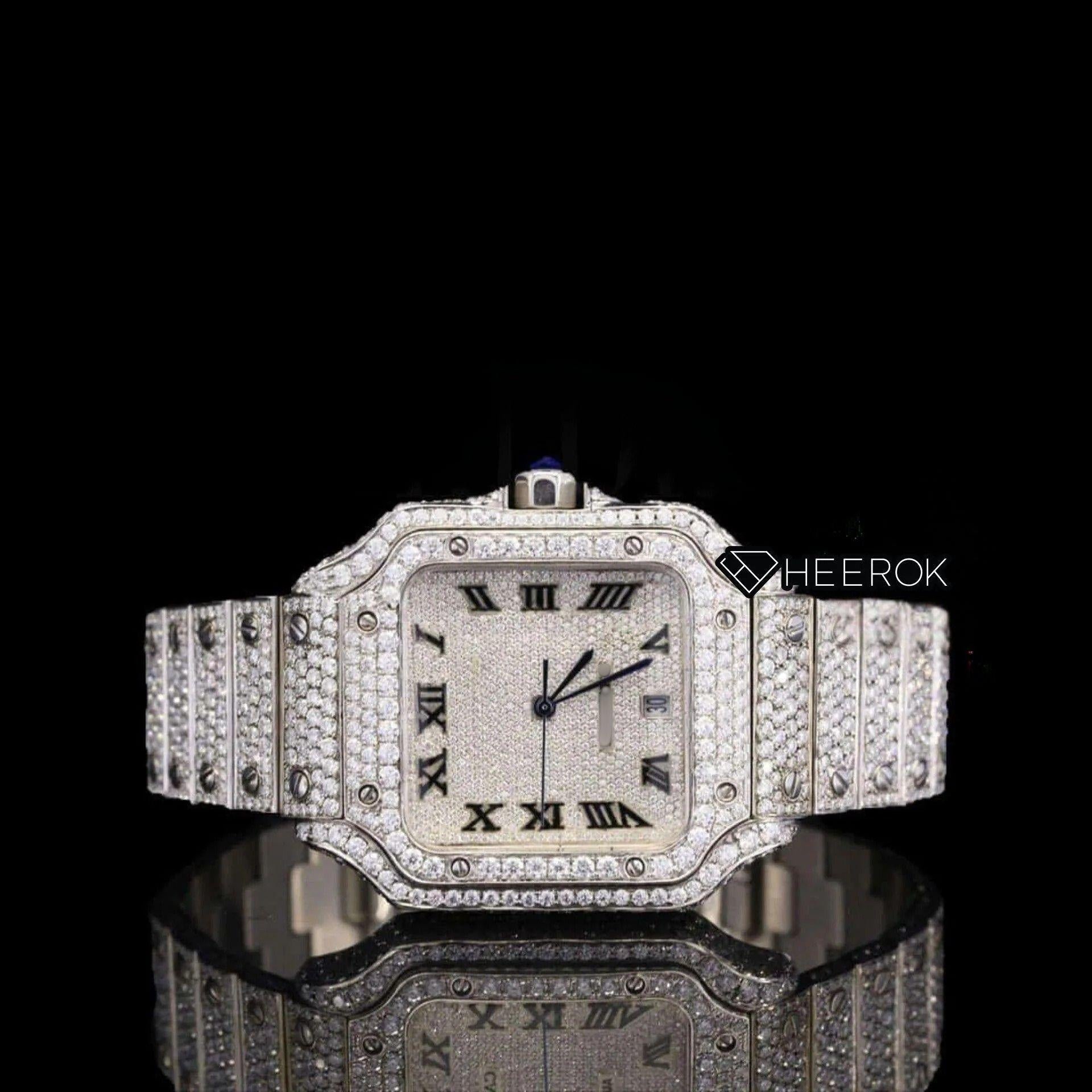 Cartier Santos Black Roman Numerals White Dial Diamond Bezel Fully Iced Moissanite Diamond