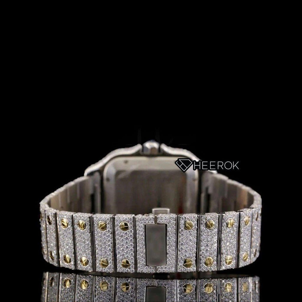 Cartier Santos Blue Dial Roman Numerals Diamond Bezel Two Tone Yellow Gold Fully Iced Moissanite Diamond