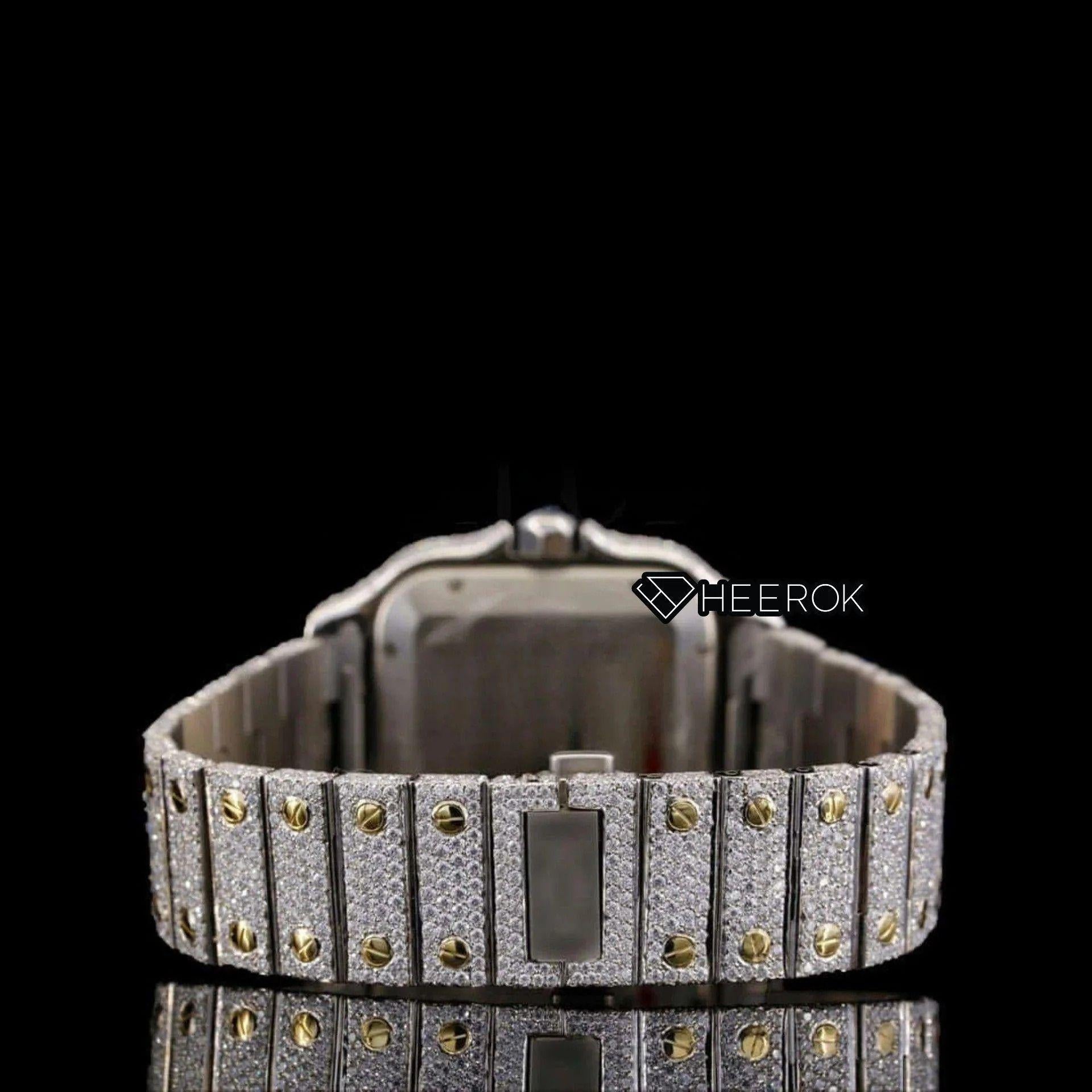 Cartier Santos Blue Dial Roman Numerals Diamond Bezel Two Tone Yellow Gold Fully Iced Moissanite Diamond