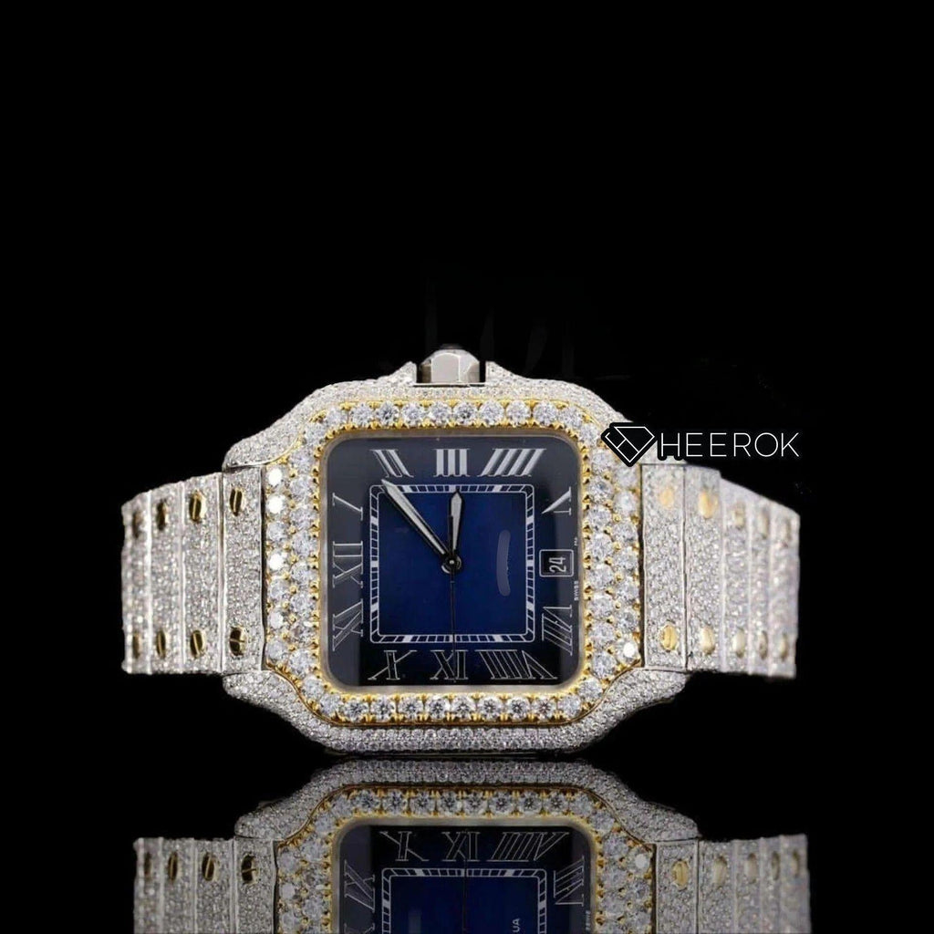 Cartier Santos Blue Dial Roman Numerals Diamond Bezel Two Tone Yellow Gold Fully Iced Moissanite Diamond