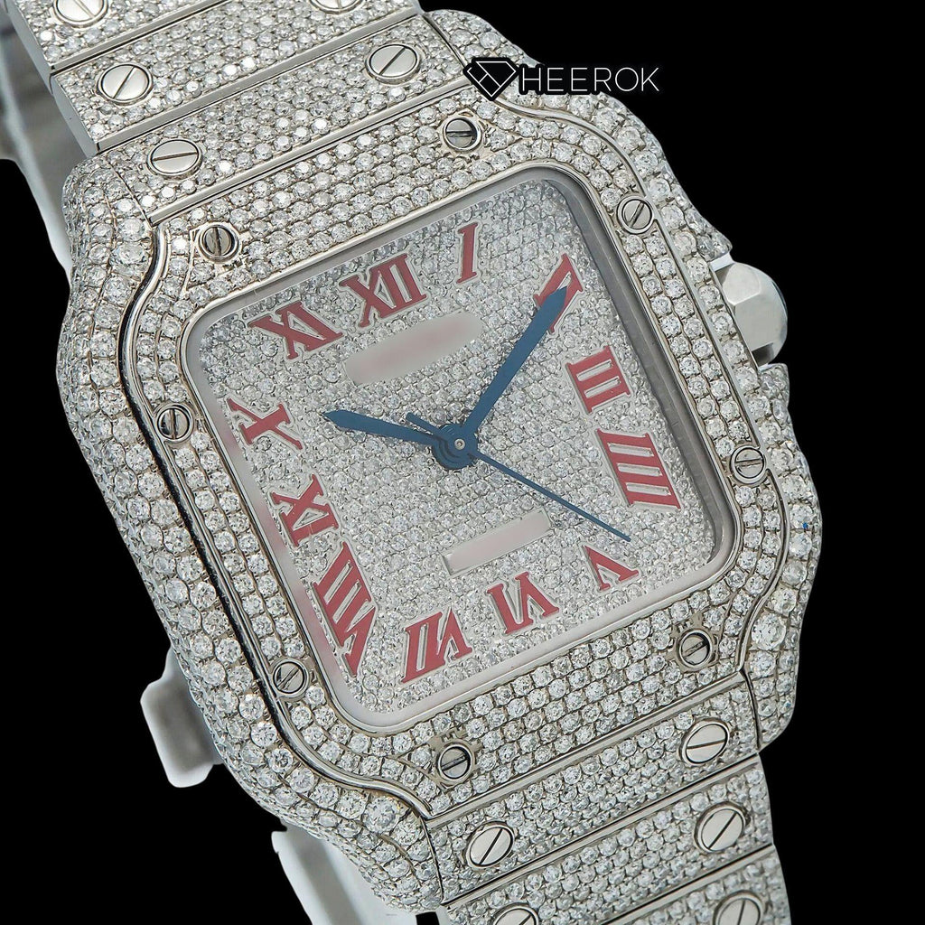 Cartier Santos Diamond Pave Dial Red Roman Numerals Diamond Bezel Fully Iced Moissanite Diamond Watch For Women