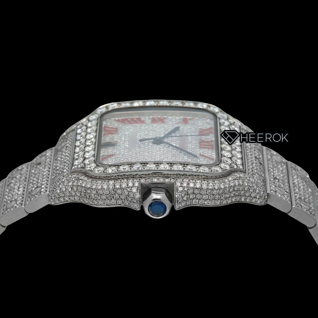 Cartier Santos Full Pave Dial Red Roman Numerals Diamond Bezel Fully Iced Moissanite Diamond Watch For Women