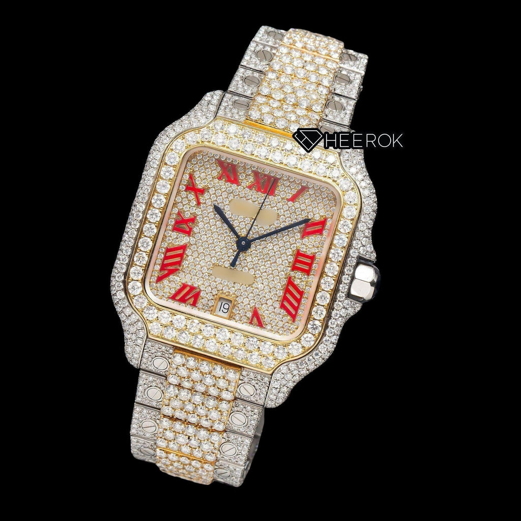 Cartier Santos Full Pave Yellow Gold Dial Red Roman Numerals Diamond Bezel Two Tone Yellow Gold Moissanite Diamond Watch