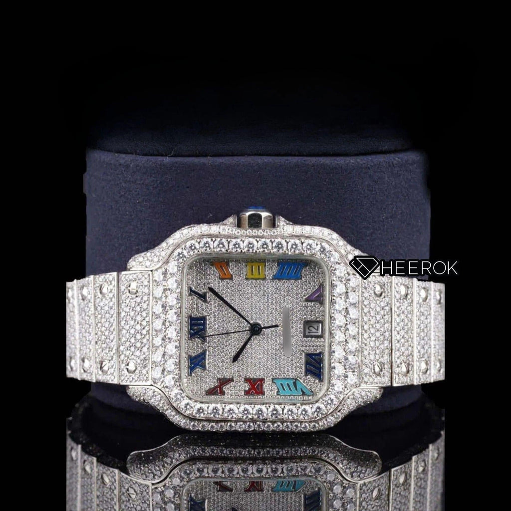 Cartier Santos Multicolor Roman Numerals Full Pave Dial Diamond Bezel Fully Iced Moissanite Diamond