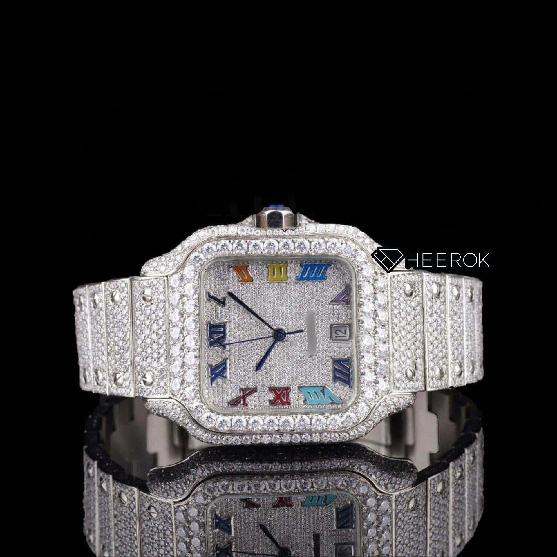 Cartier Santos Multicolor Roman Numerals Full Pave Dial Diamond Bezel Fully Iced Moissanite Diamond