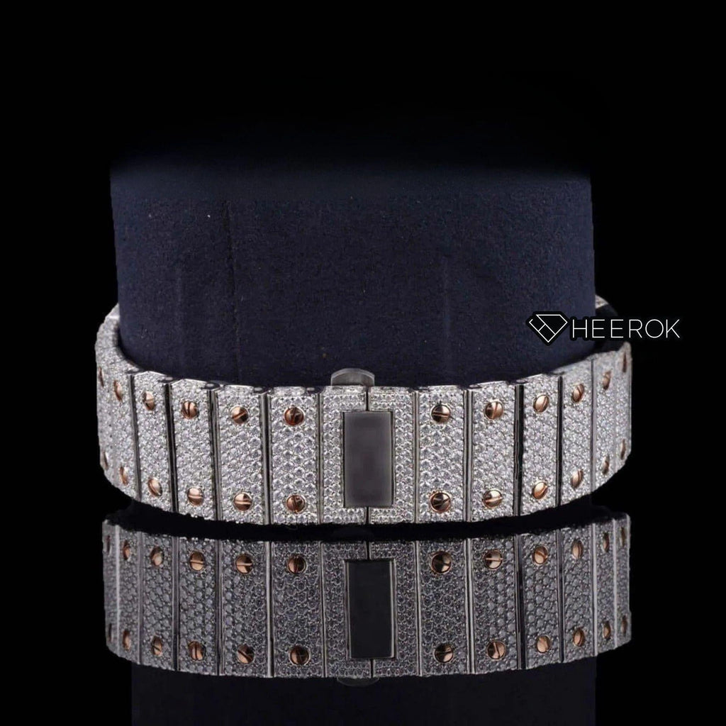 Cartier Santos Rose Gold Dial Roman Numerals Diamond Bezel Two Tone Rose Gold Fully Iced Moissanite Diamond
