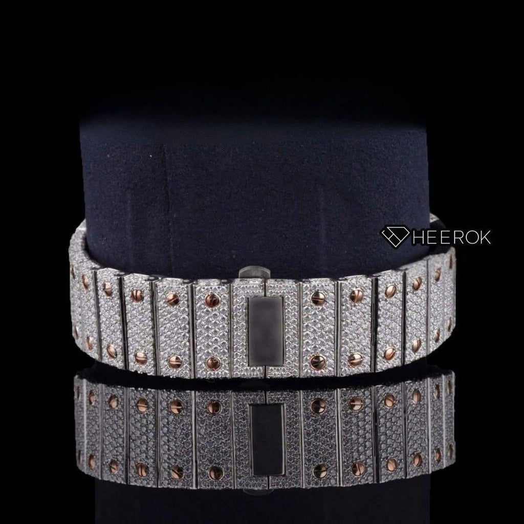 Cartier Santos Rose Gold Dial Roman Numerals Diamond Bezel Two Tone Rose Gold Fully Iced Moissanite Diamond For Women