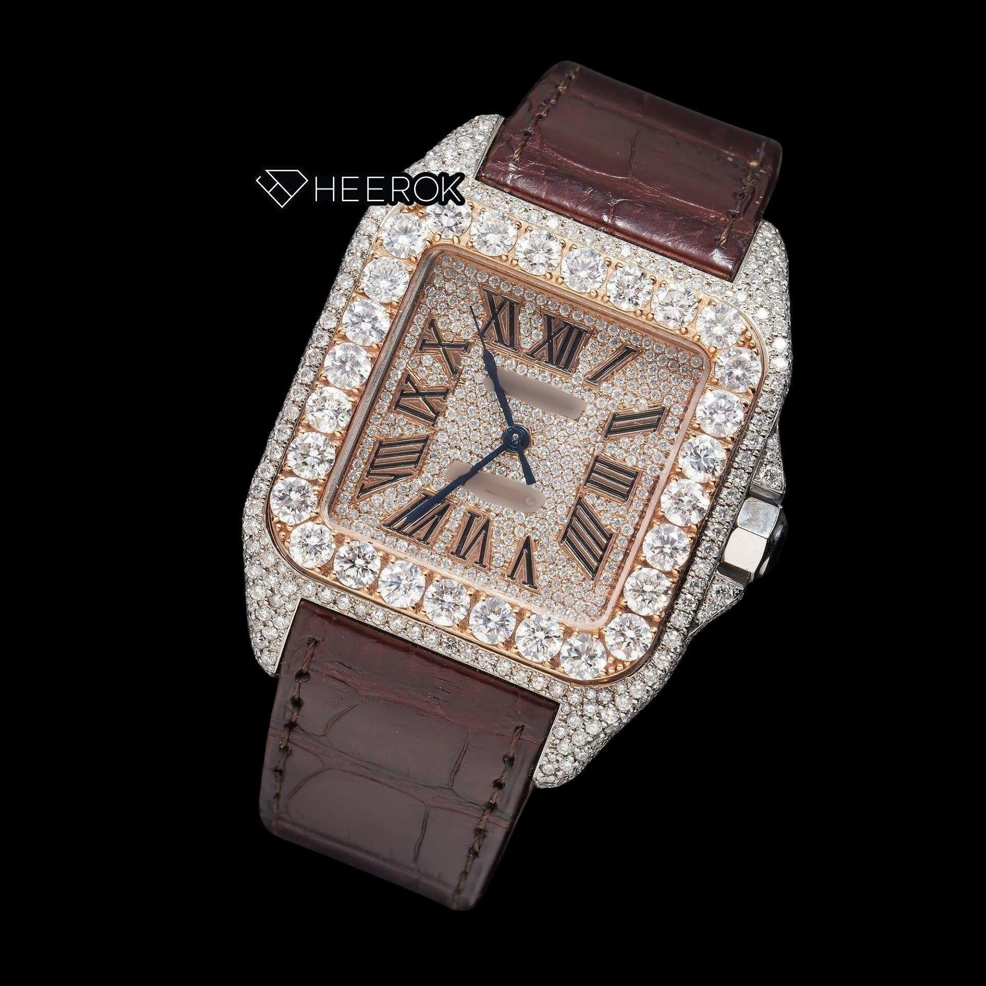 Cartier Santos Rose Gold Dial Roman Numerals Large Round Diamond Bezel Brown Leather Strap Semi Iced Moissanite Diamond Watch
